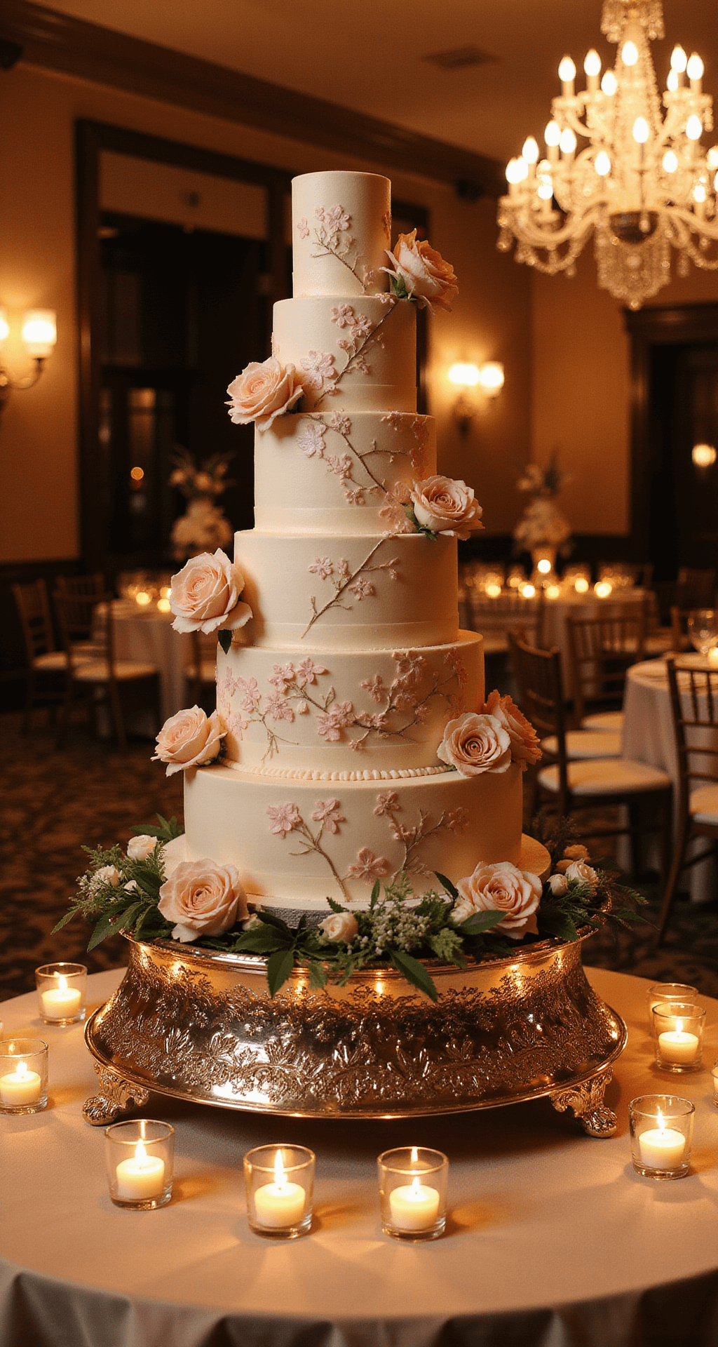 A stunning 5-tier wedding cake with hand-painted botanicals and cascading sugar flowers, set on a silver stand in an elegant ballroom, illuminated by warm uplighting and surrounded by romantic votive candles and floral arrangements.