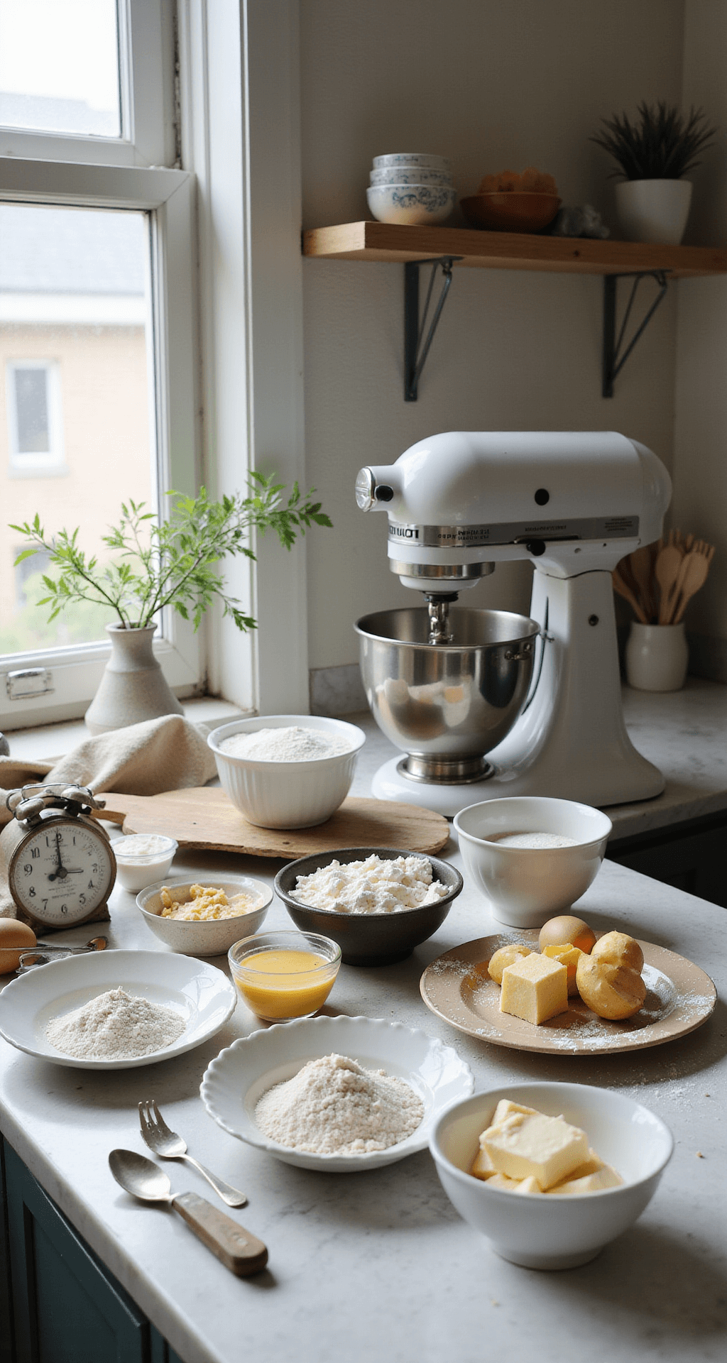 A professional baking studio with arranged ingredients on a marble countertop, featuring sifted flour, butter, eggs, and vintage tools, all illuminated by soft natural light.