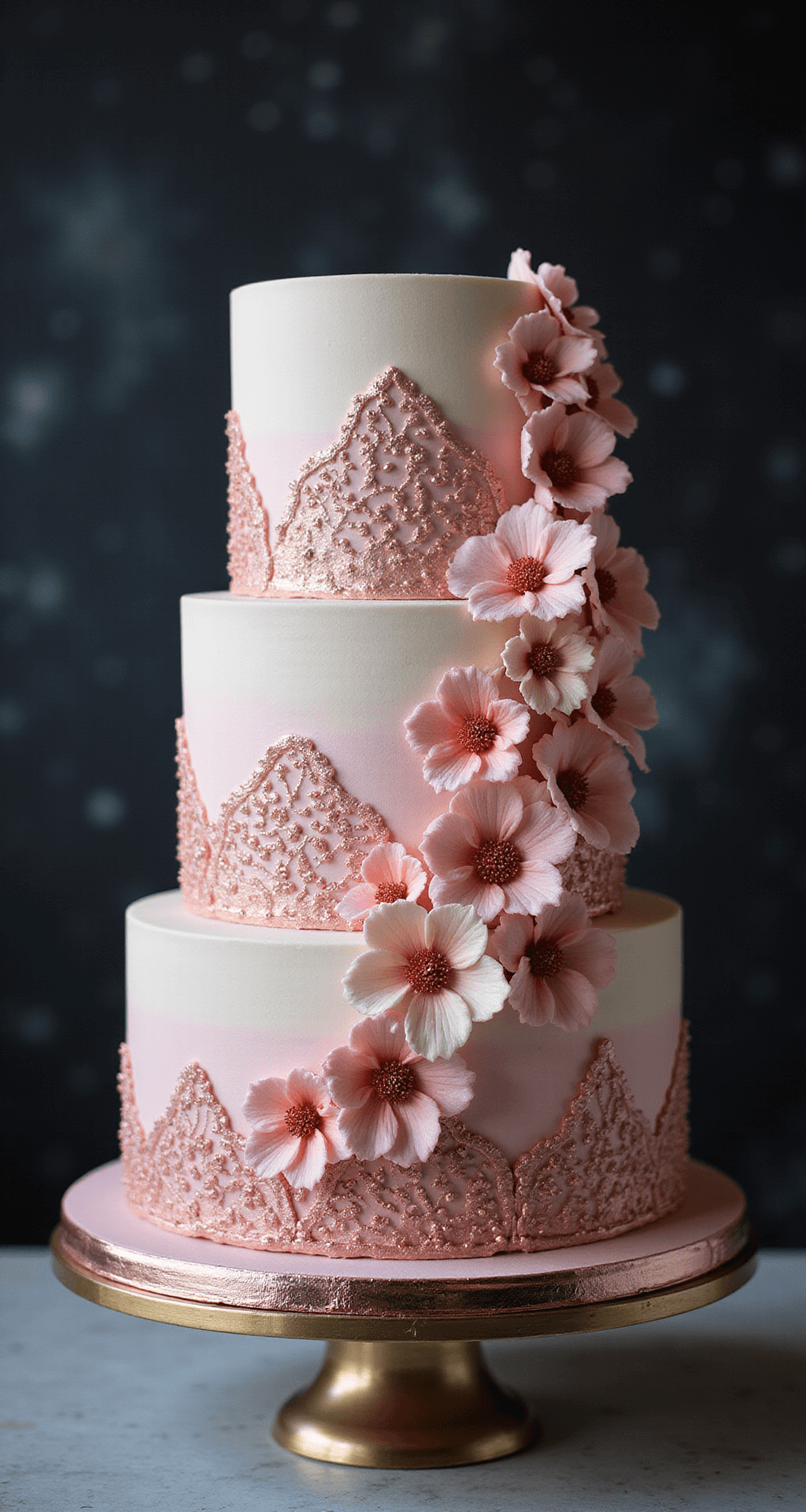 Close-up of an exquisite three-tier birthday cake with ombre pink to rose gold buttercream, adorned with handcrafted sugar flowers, metallic accents, intricate lace piping, and edible pearls, resting on a mirrored stand against a dark background with bokeh effects.