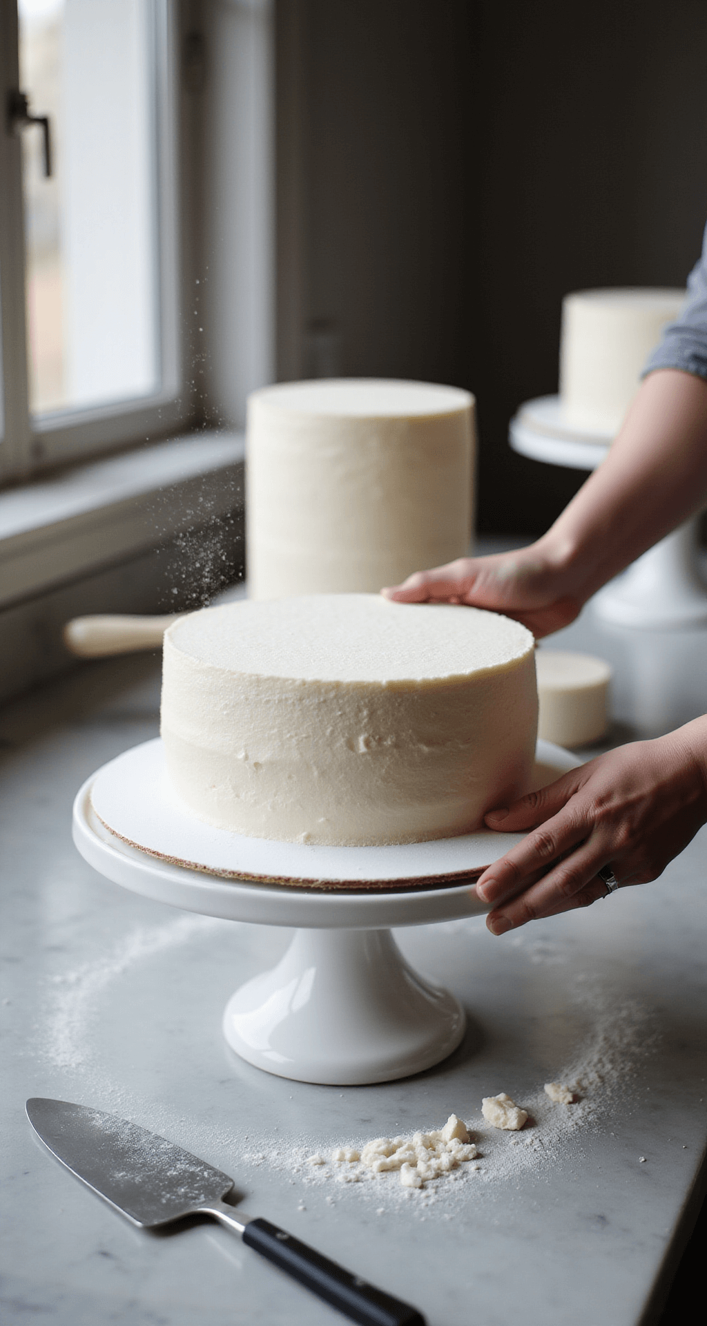 Close-up of a professional baker leveling a white cake layer on a marble countertop, with flour drifting in soft light and baking tools nearby, capturing the precise moment of trimming.