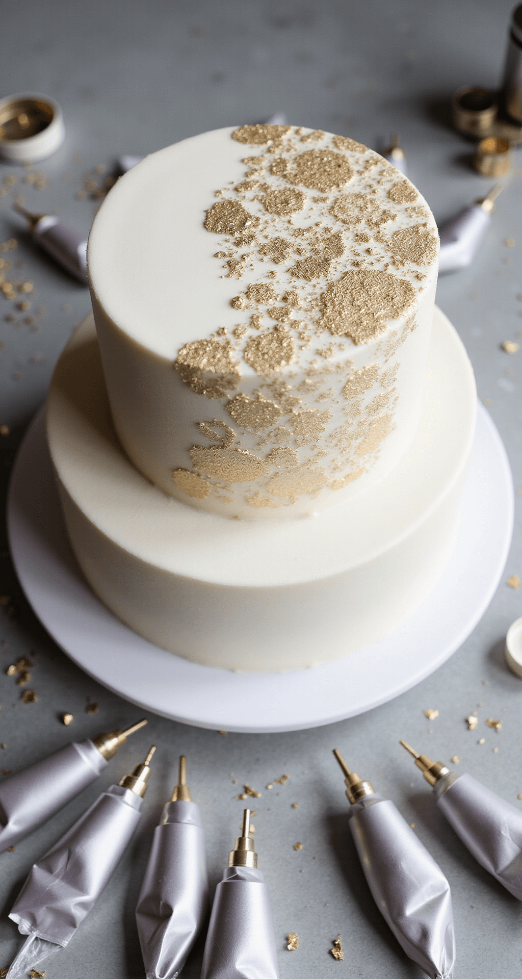 Dramatic overhead shot of a three-tier modern wedding cake decorated with metallic gold leaf on white fondant, surrounded by piping bags and tools in a professional kitchen.