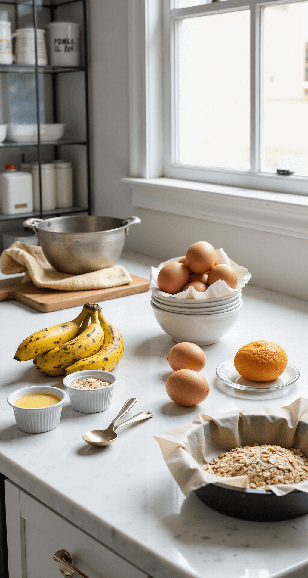 A sunlit modern kitchen with a marble countertop displaying ripe bananas, farm-fresh eggs, organic oats, measuring tools, and mini cake pans lined with parchment paper, creating a warm atmosphere for baking.