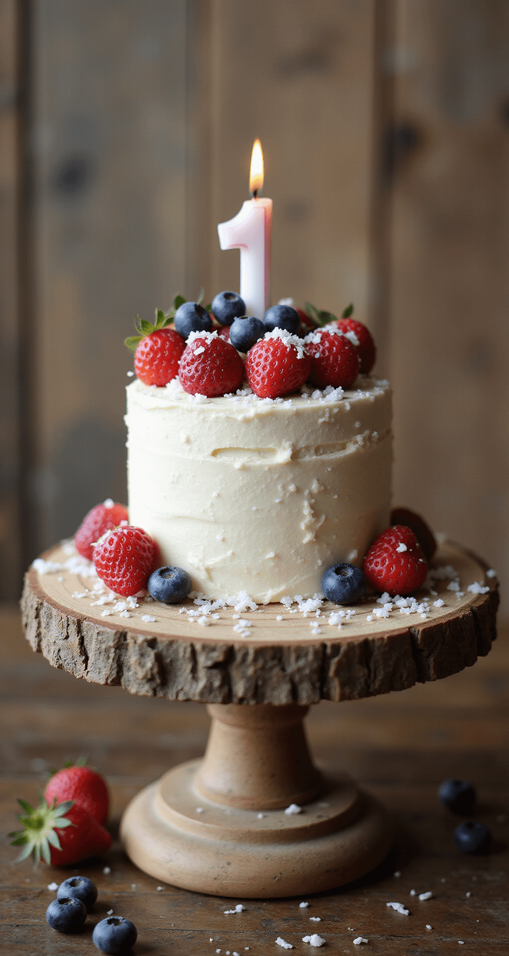 Close-up of a mini smash cake adorned with fresh berries and coconut shavings, placed on a rustic wooden stand, featuring soft textured frosting and a '1' birthday candle, with a blurred background.