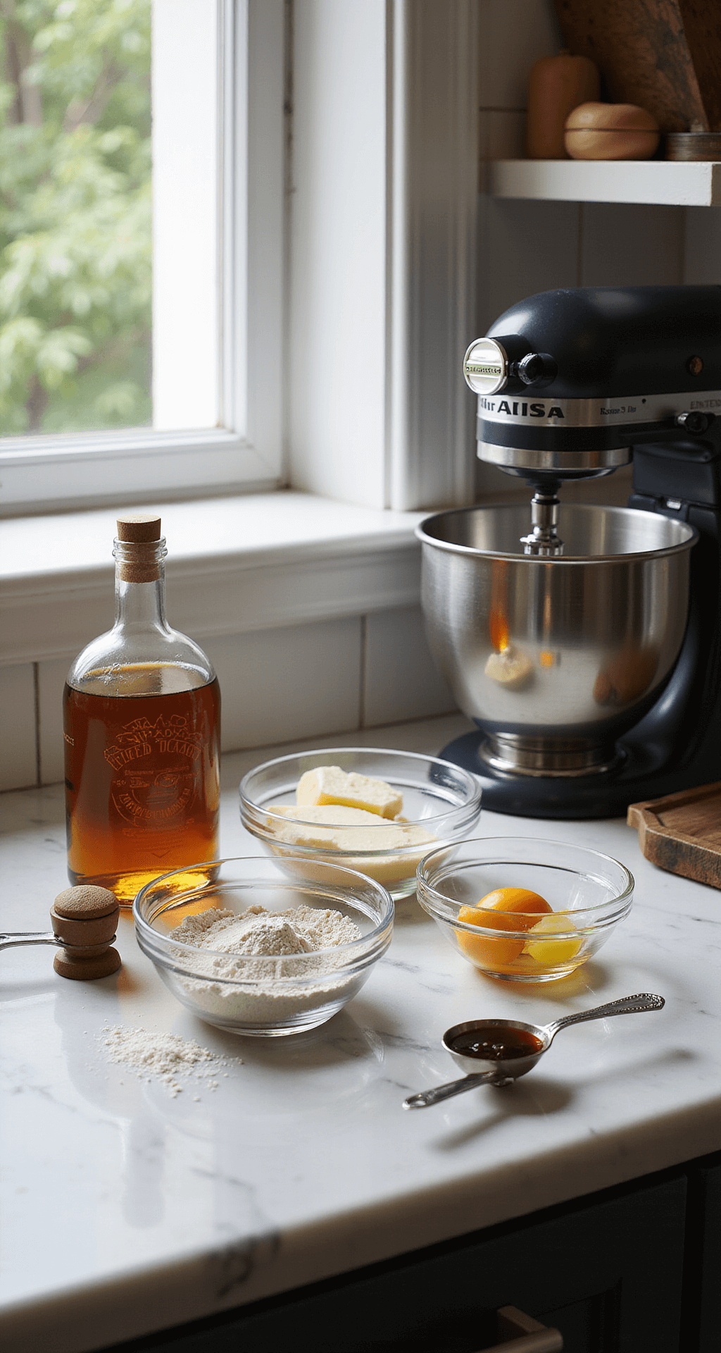 A bright professional kitchen workspace with a marble countertop displaying measured ingredients for a masculine birthday cake, including flour, eggs, butter, and vanilla in glass bowls, alongside a stand mixer and a vintage whiskey bottle.