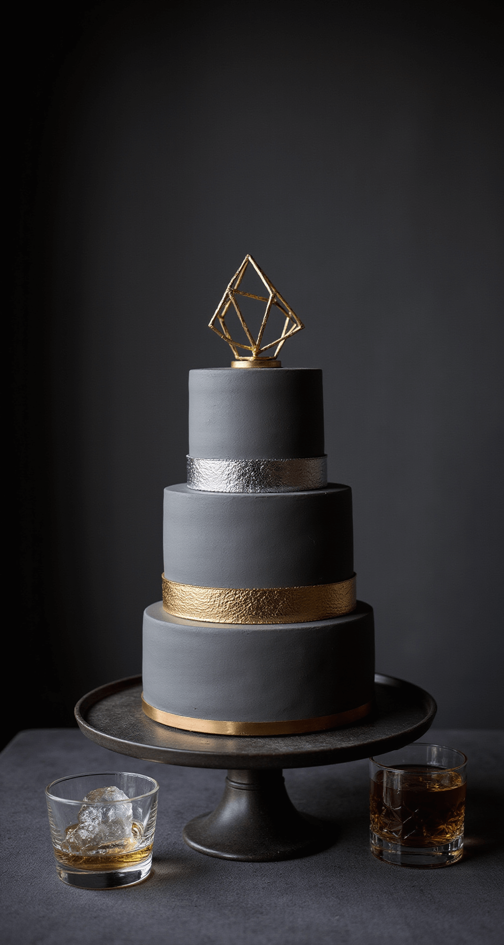 A sophisticated three-tiered birthday cake with dark gray buttercream, geometric metallic accents, and a leather-like textured bottom tier, accompanied by a whiskey glass with clear ice, set against a dark charcoal backdrop.