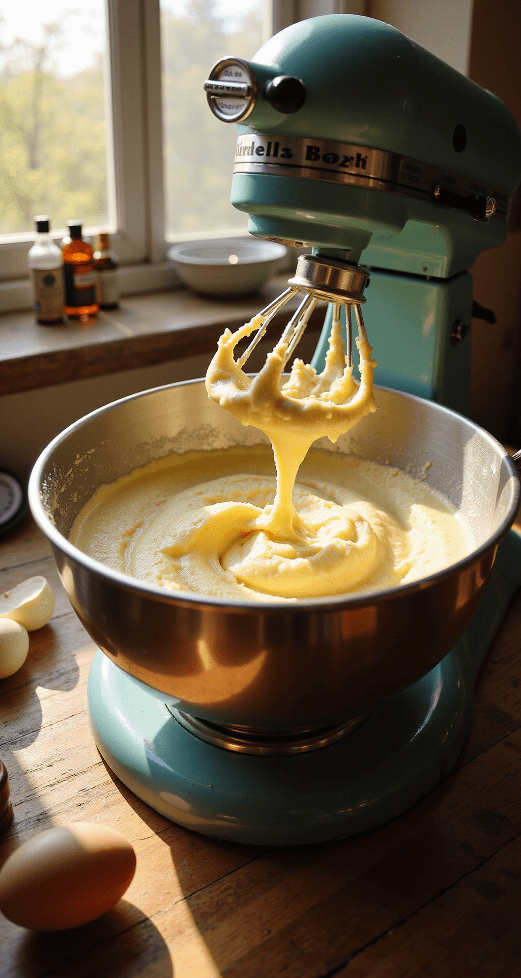 Close-up of luxurious cake batter being mixed in a stainless steel bowl, illuminated by golden afternoon light, with scattered ingredients like vanilla extract and farm-fresh eggs in the background.