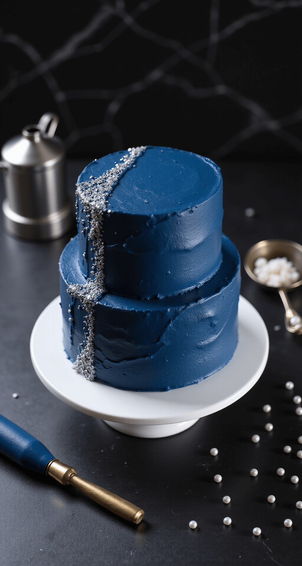 Dramatic overhead view of a three-layer navy blue birthday cake with silver accents on a rotating stand, set against a black marble counter, with professional piping tools and sugar pearls in the background.
