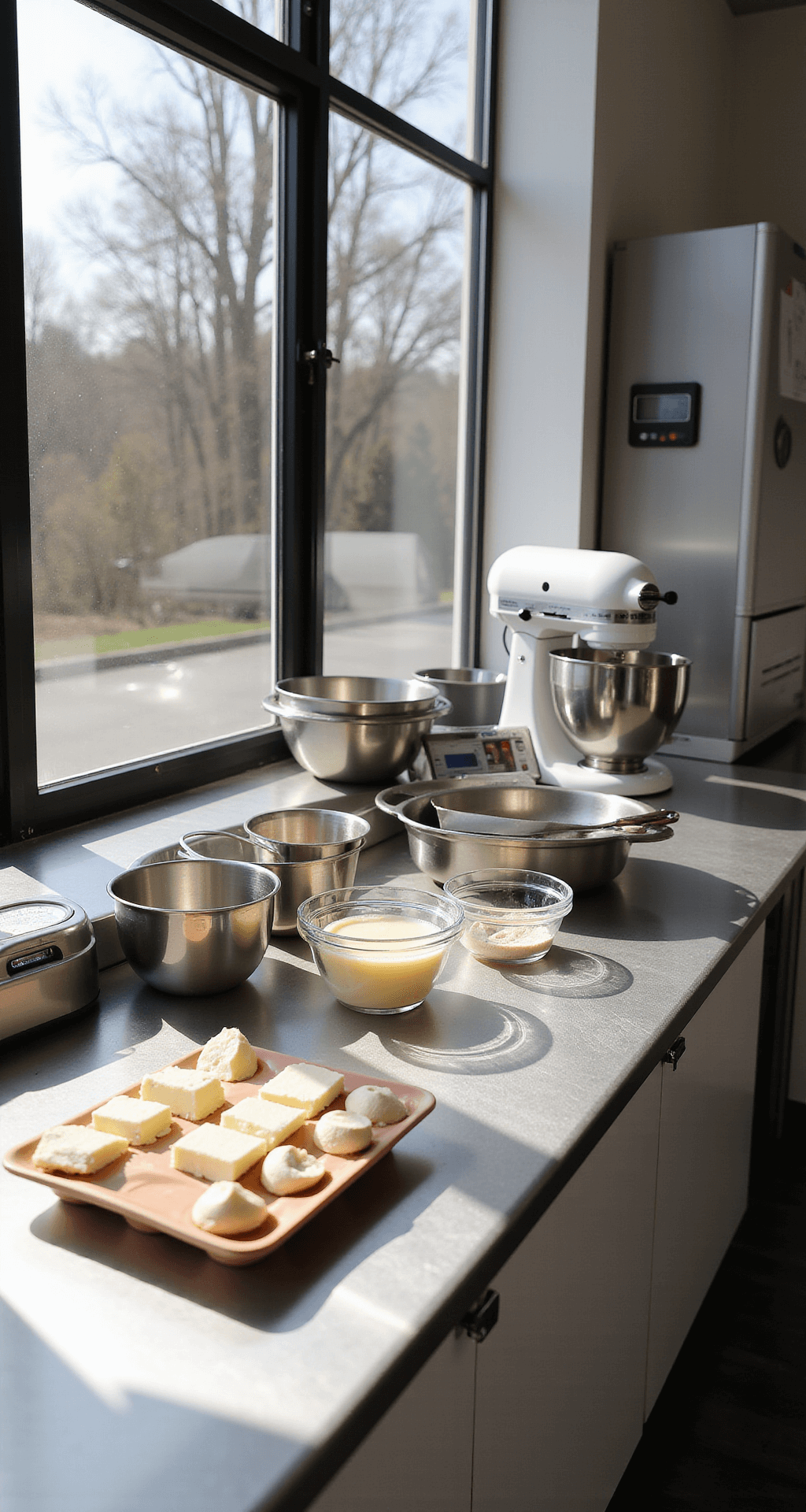 A professional bakery workspace with stainless steel counters, glass bowls of measured ingredients, premium baking tools, and a stand mixer, illuminated by soft morning light.