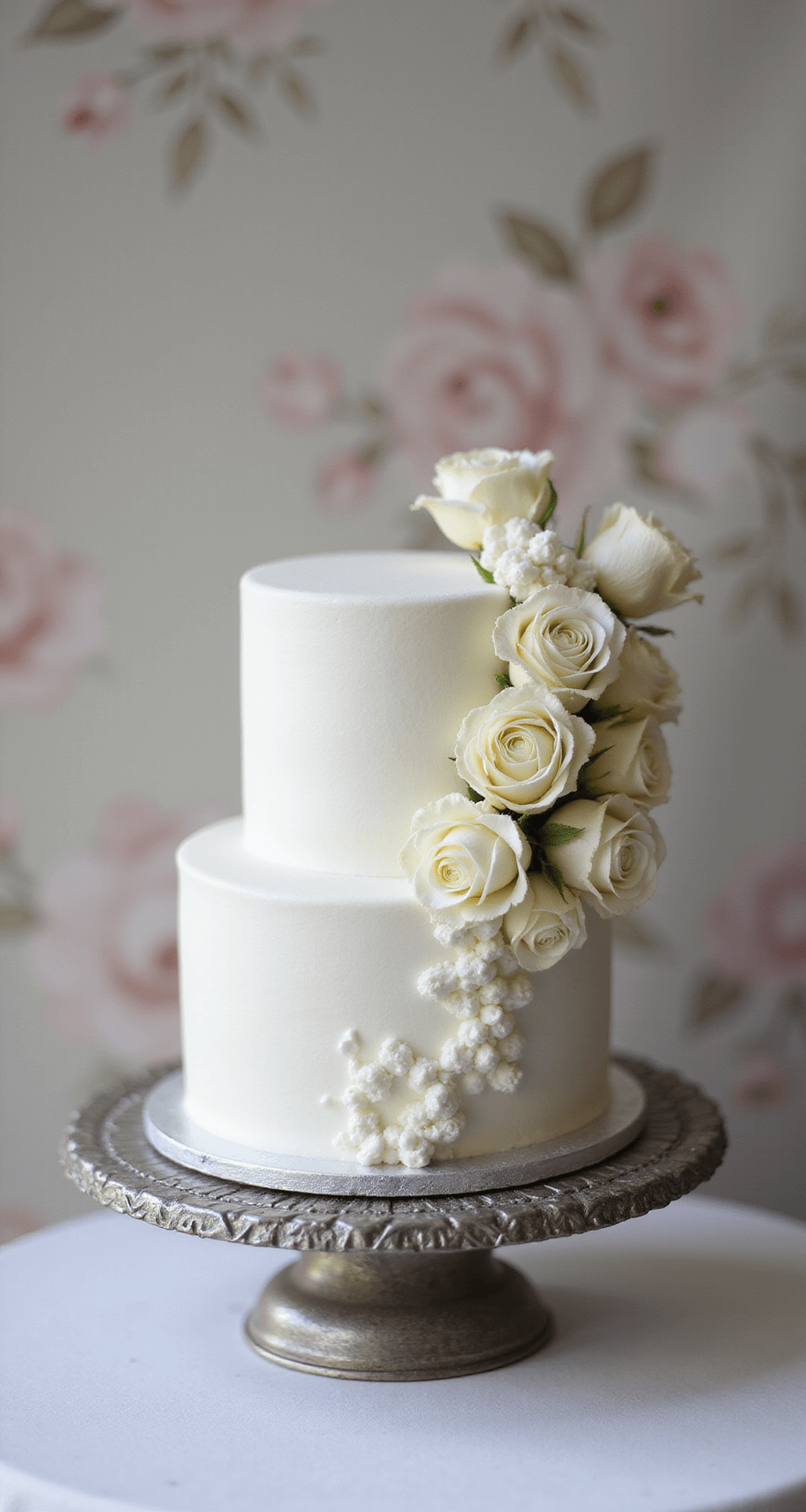 A beautiful single-tier wedding cake on a silver stand, adorned with white buttercream, piped details, and fresh garden roses, set against a soft-focus botanical background, with gentle studio lighting enhancing its elegance and texture.