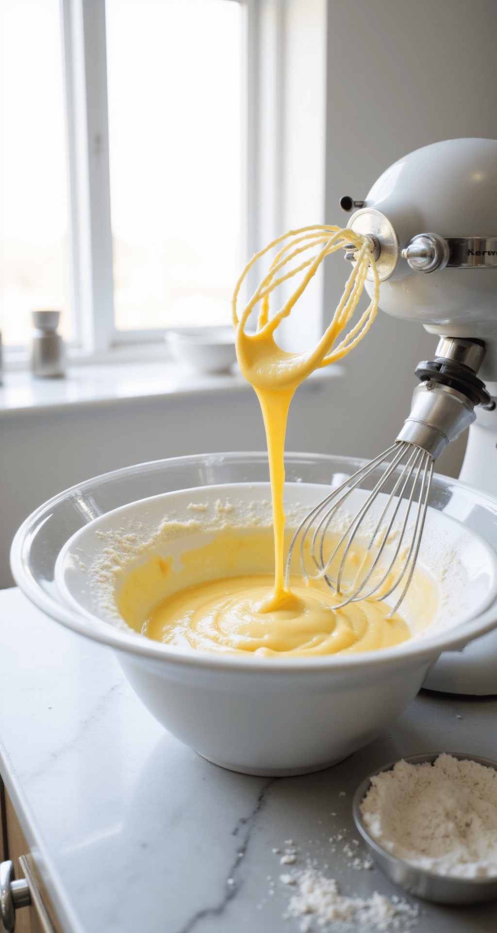A bright kitchen scene featuring a pristine marble countertop, showcasing a glossy egg mixture at ribbon stage in a stand mixer bowl, with measuring tools and sifted cake flour nearby, all bathed in soft natural light.