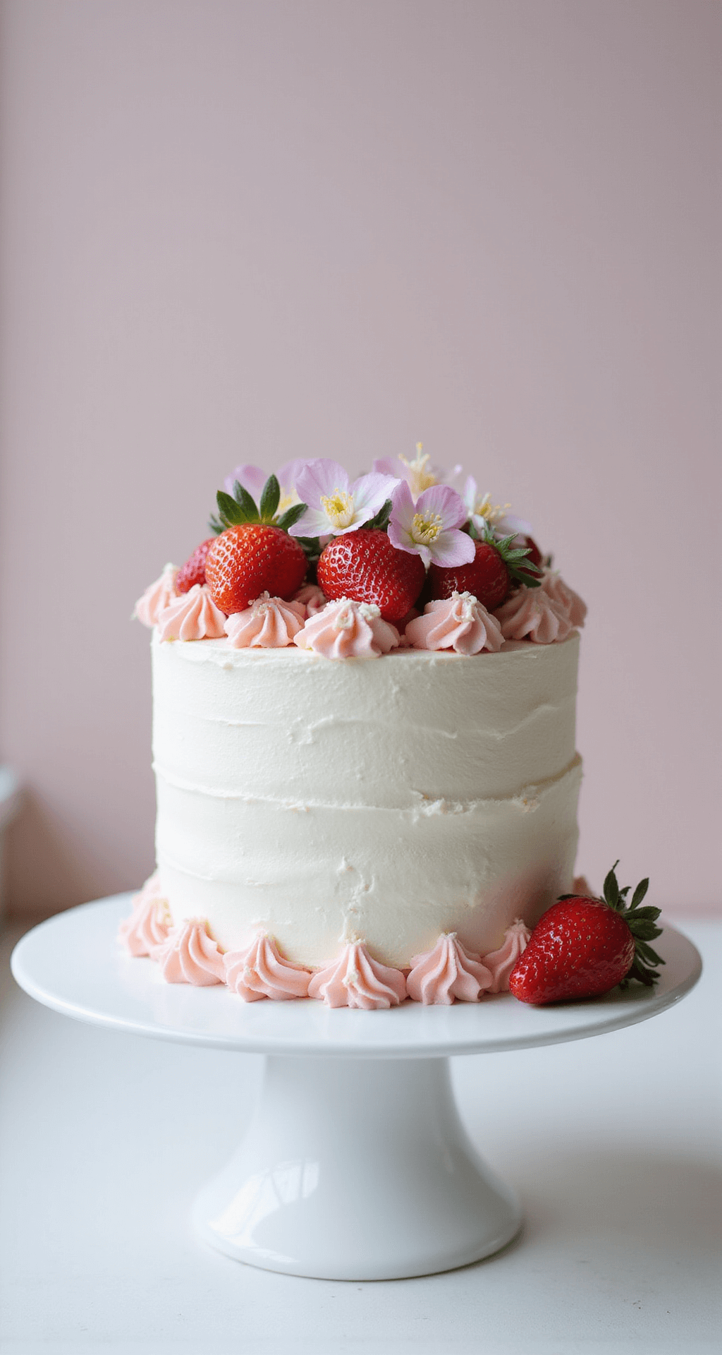 A beautifully decorated Korean-style birthday cake on a white stand, featuring smooth white whipped cream layers, fresh strawberries, edible flowers, and a pink-to-white gradient, all illuminated by natural light against a pastel background.