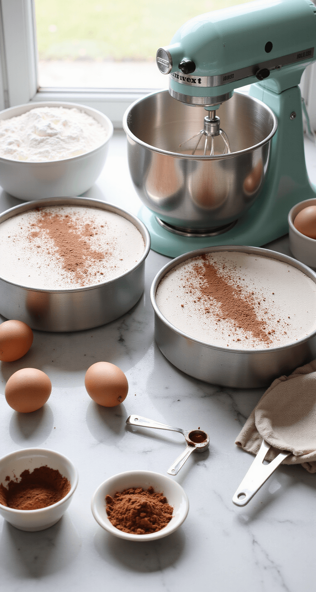 Close-up of baking ingredients on a marble countertop, featuring two round cake pans, measuring cups, fresh eggs, cocoa powder, and flour in soft natural light, with a vintage electric mixer and delicate cocoa powder dust pattern.