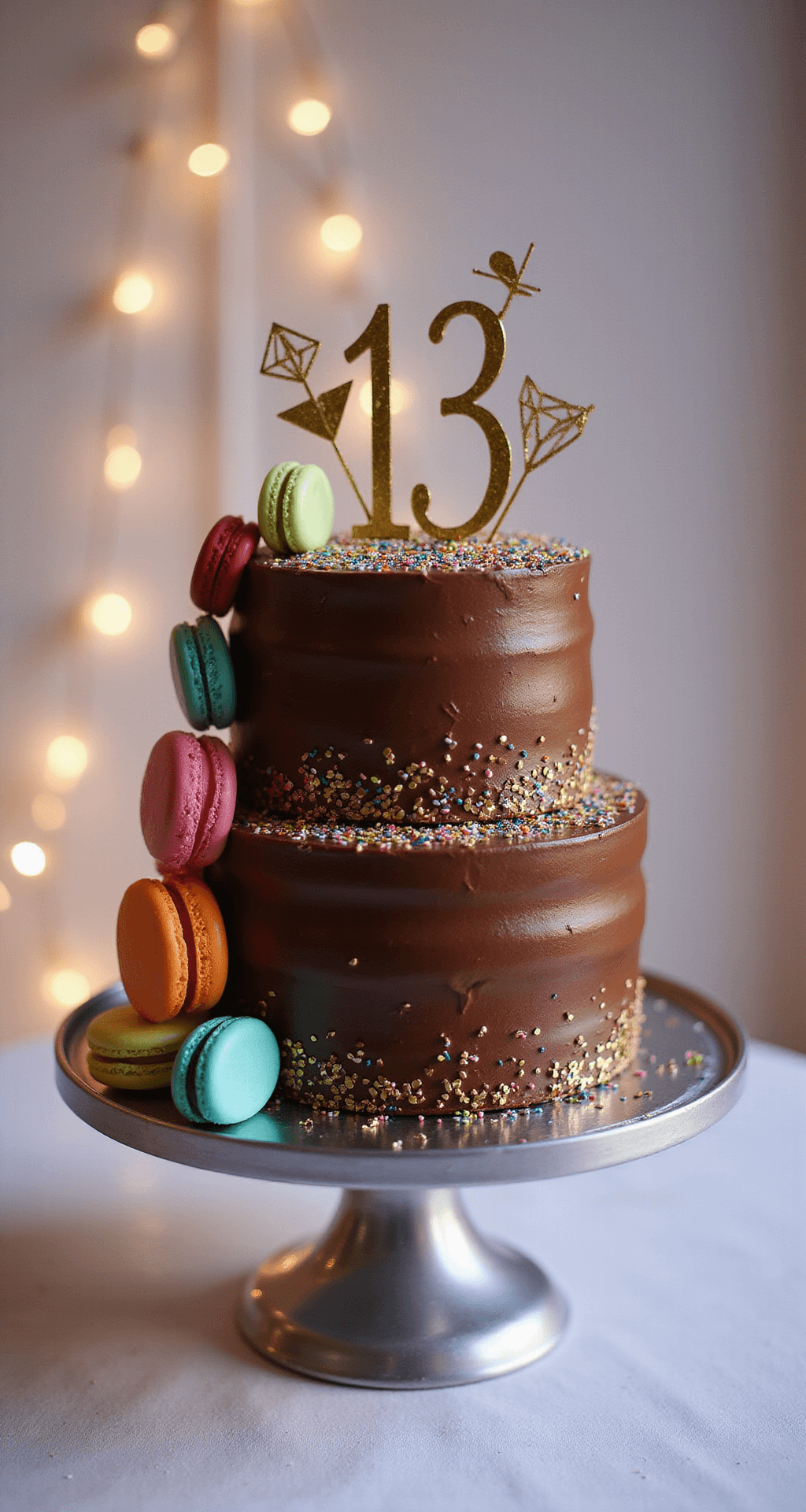 A two-tiered chocolate cake with glossy buttercream frosting, gold accents, a '13' topper, and rainbow macarons, set on a silver stand with fairy lights in a soft-focus background.