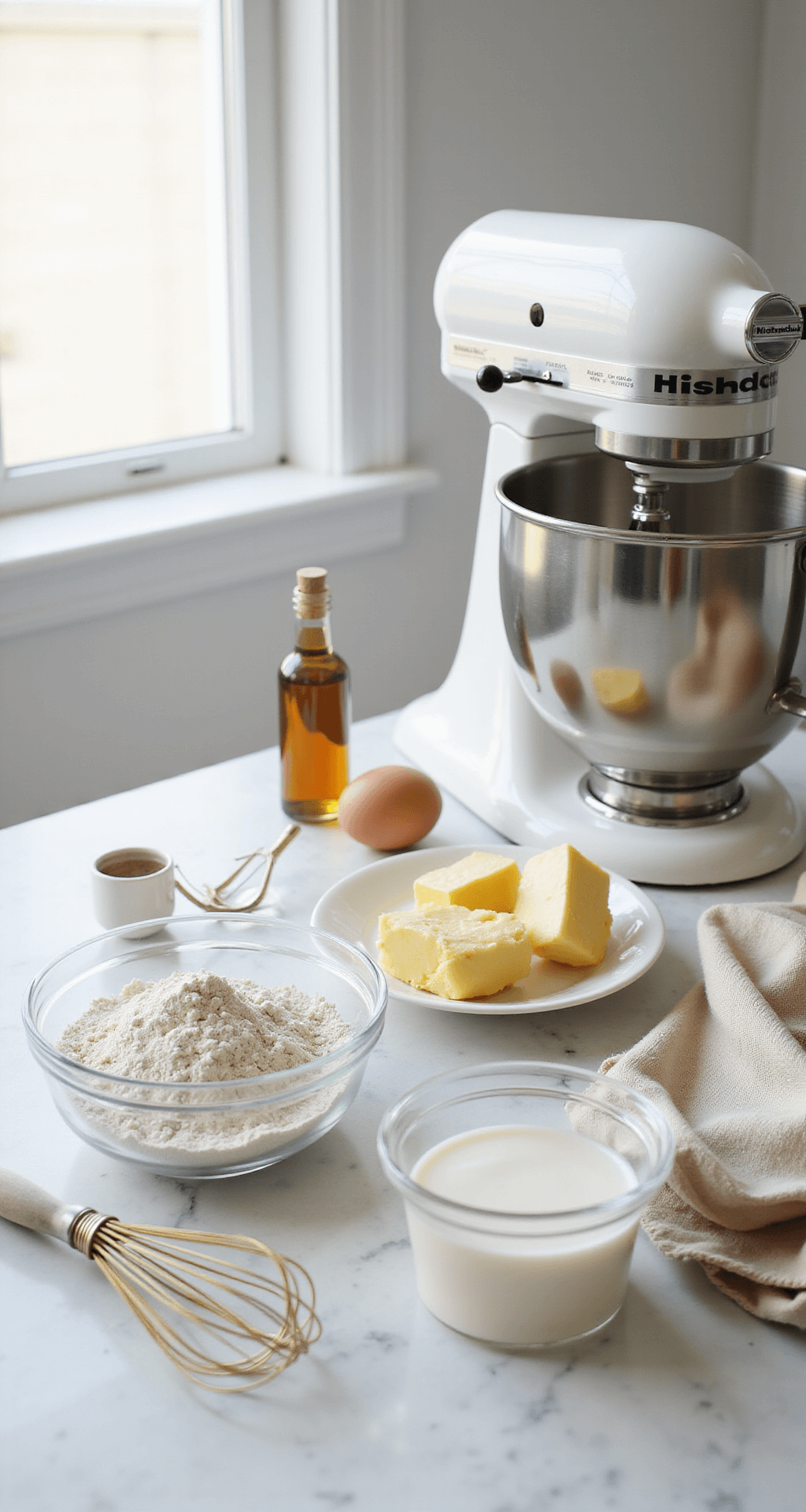 An atmospheric shot of a white marble countertop with elegantly arranged baking ingredients, including glass bowls of flour, room temperature butter, and eggs, with a stand mixer in soft focus, a vintage measuring cup of milk, a brass whisk, and a bottle of vanilla extract.