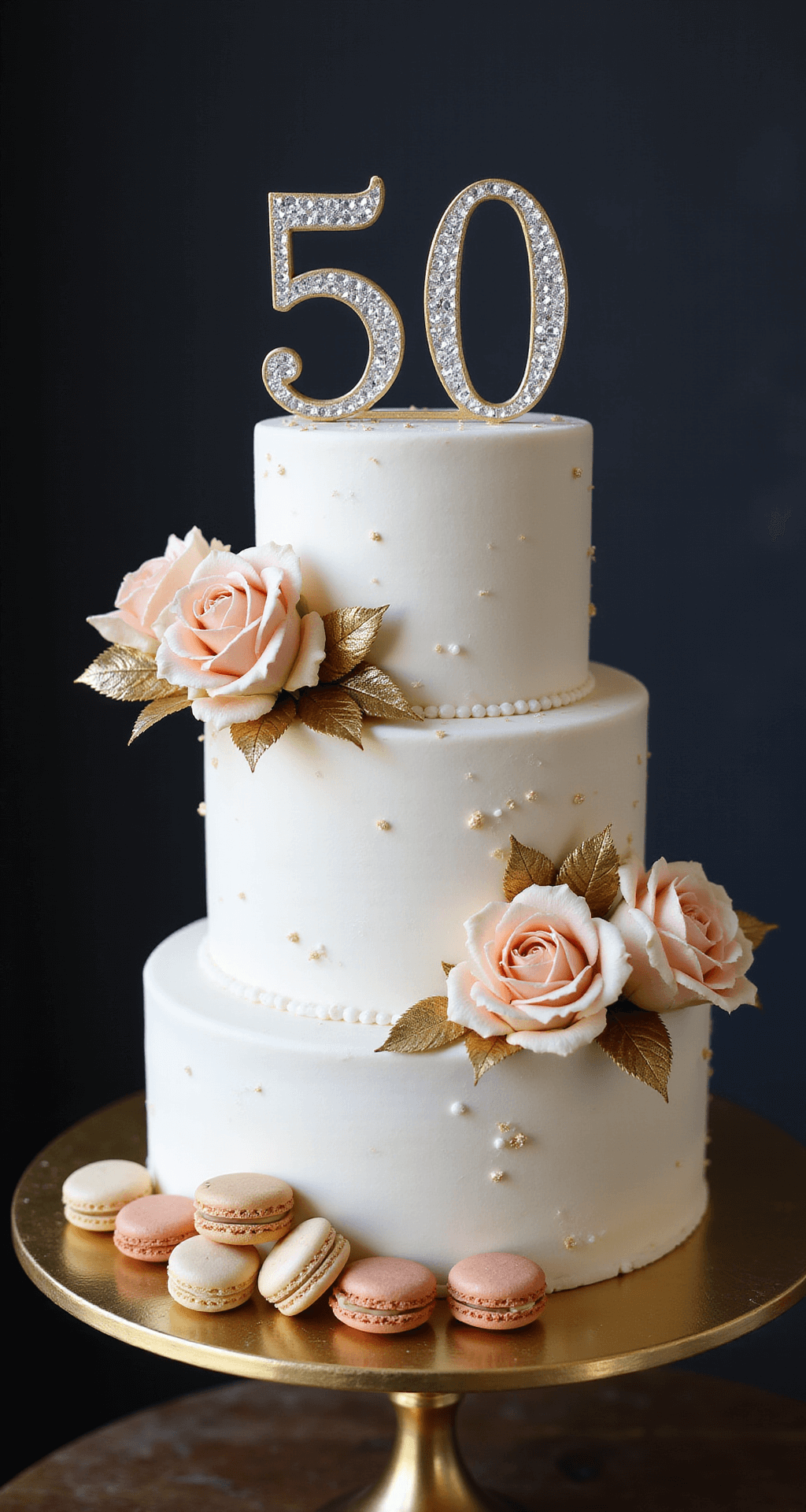 Close-up of a luxurious three-tiered 50th birthday cake on a gold stand, adorned with pearl-white buttercream, gold leaf accents, and blush pink roses, featuring a sparkling '50' topper and elegant macarons.
