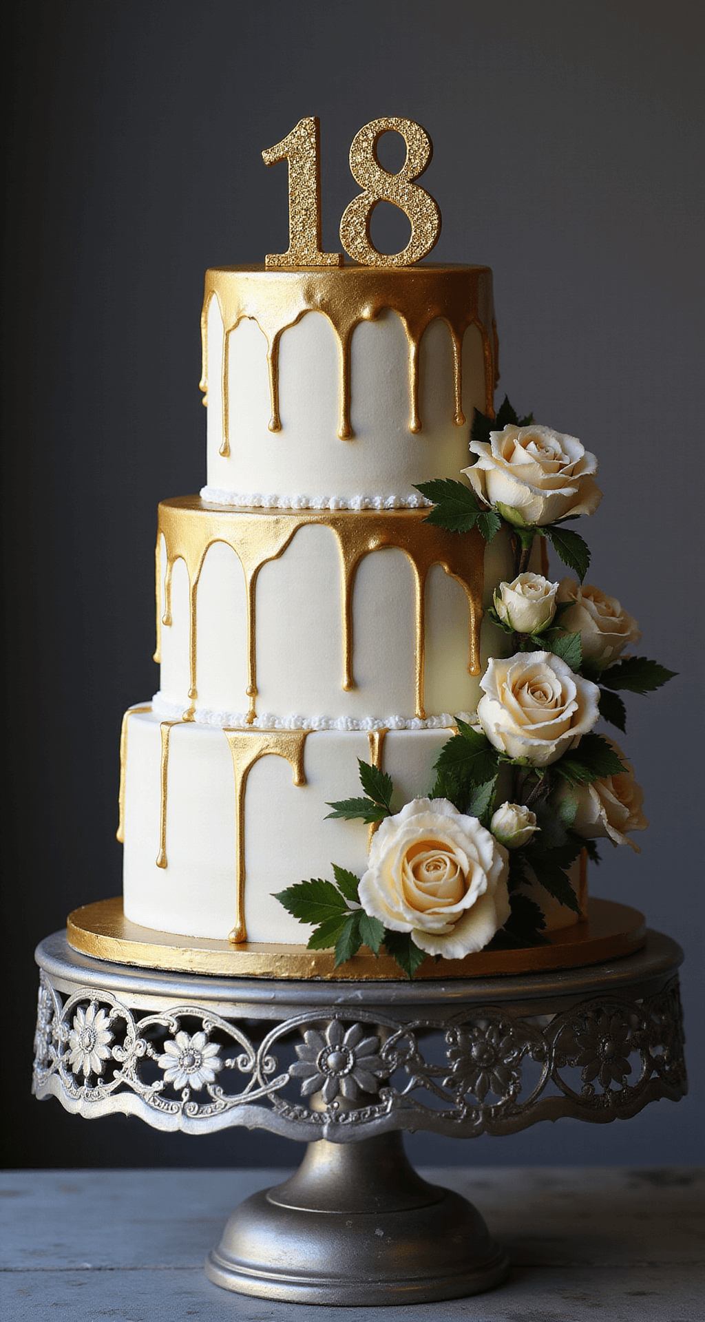 A three-tiered 18th birthday cake with a metallic gold to white ombré effect, featuring elegant drip details, hand-piped rosettes, a sparkling '18' topper with edible gold leaf, and cascading fresh flowers, presented on an ornate silver cake stand with soft studio lighting.