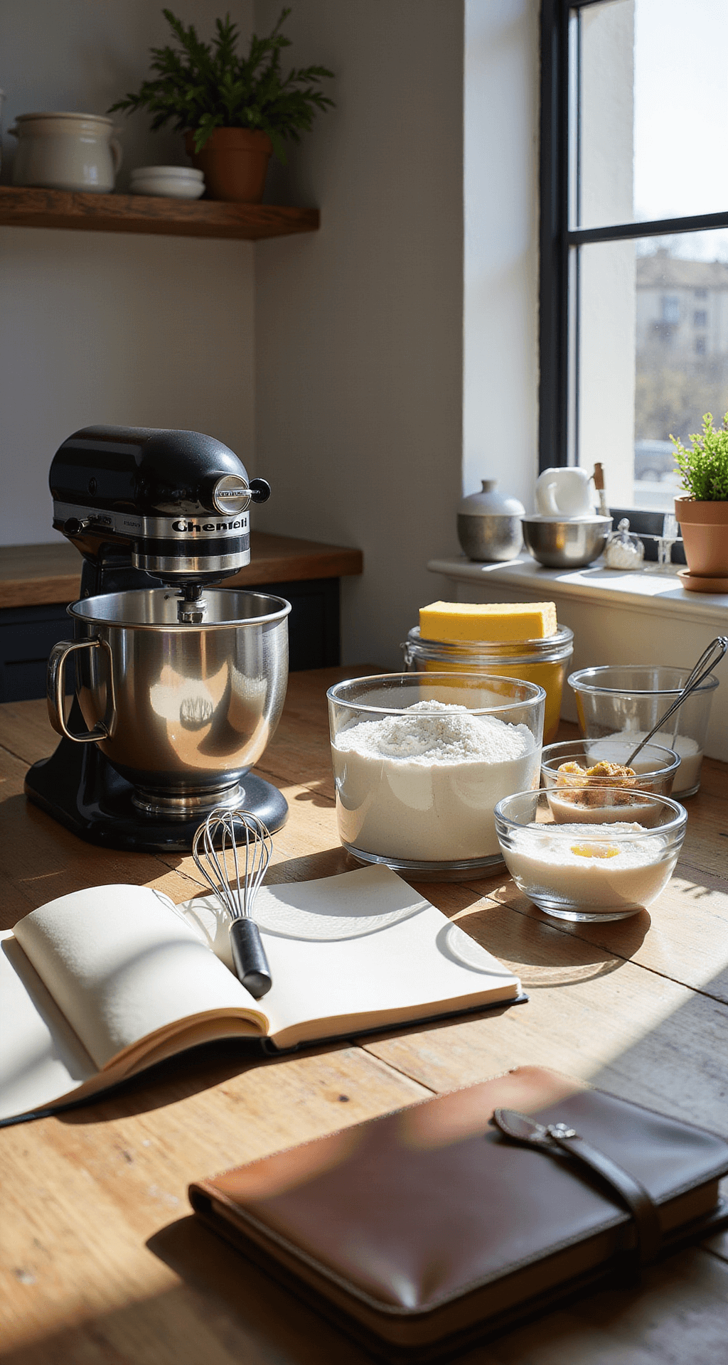 A professional kitchen countertop featuring premium baking equipment, raw ingredients in glass containers, and a leather recipe notebook with a vintage whisk.