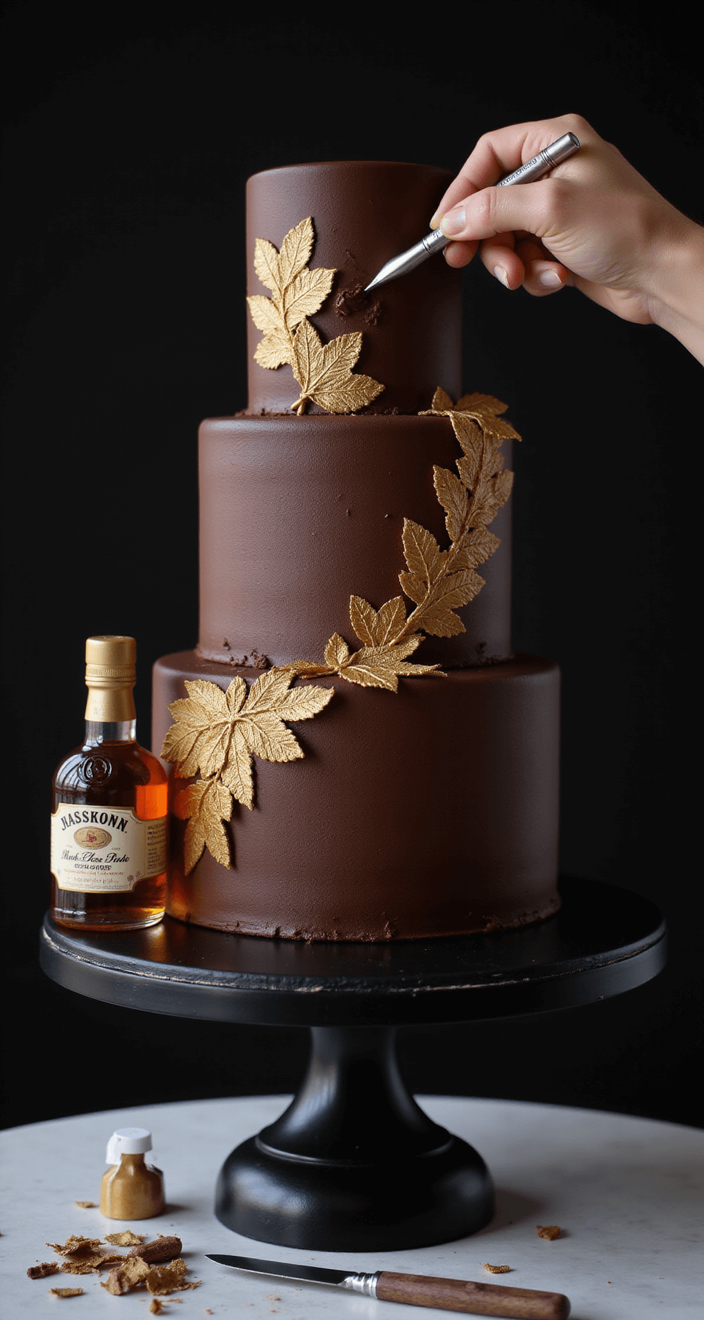 Close-up of a three-tiered chocolate cake on a black rotating stand, featuring golden leaf accents applied with tweezers and a fondant whiskey bottle topper. Dramatic lighting emphasizes the cake's sharp edges and smooth finish, with professional piping tools and edible metallic paint artistically arranged in the foreground.