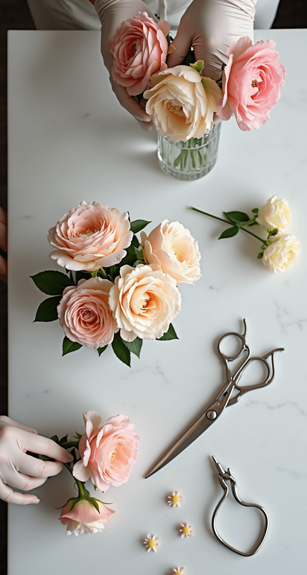 Professional photo of a pristine white marble countertop featuring fresh roses, peonies, and ranunculus being prepared for wedding cake decoration, with stainless steel scissors and vases, as a decorator with gloved hands delicately trims rose stems.