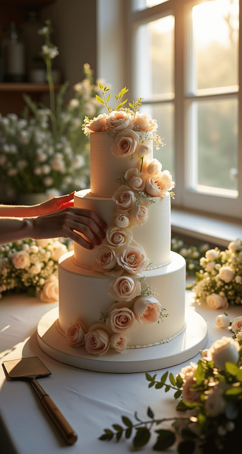 A three-tiered white wedding cake being decorated with fresh blush peonies and ivory roses in a professional bakery, illuminated by golden afternoon light.