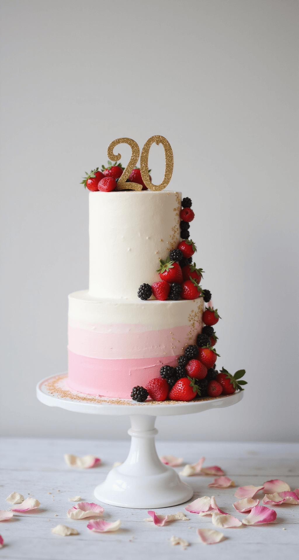 A stunning two-tiered birthday cake with ombré blush pink to white frosting, gold '20' topper, fresh berries, and edible glitter, displayed on an elegant stand with rose petals and geometric decor.