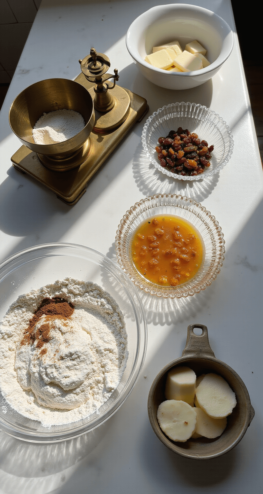 A sunlit professional kitchen with a vintage marble countertop, showcasing ingredients for a royal wedding fruitcake, including brandy-soaked golden raisins, currants, candied fruits, farm-fresh eggs, premium butter, sifted flour, and antique kitchen tools.
