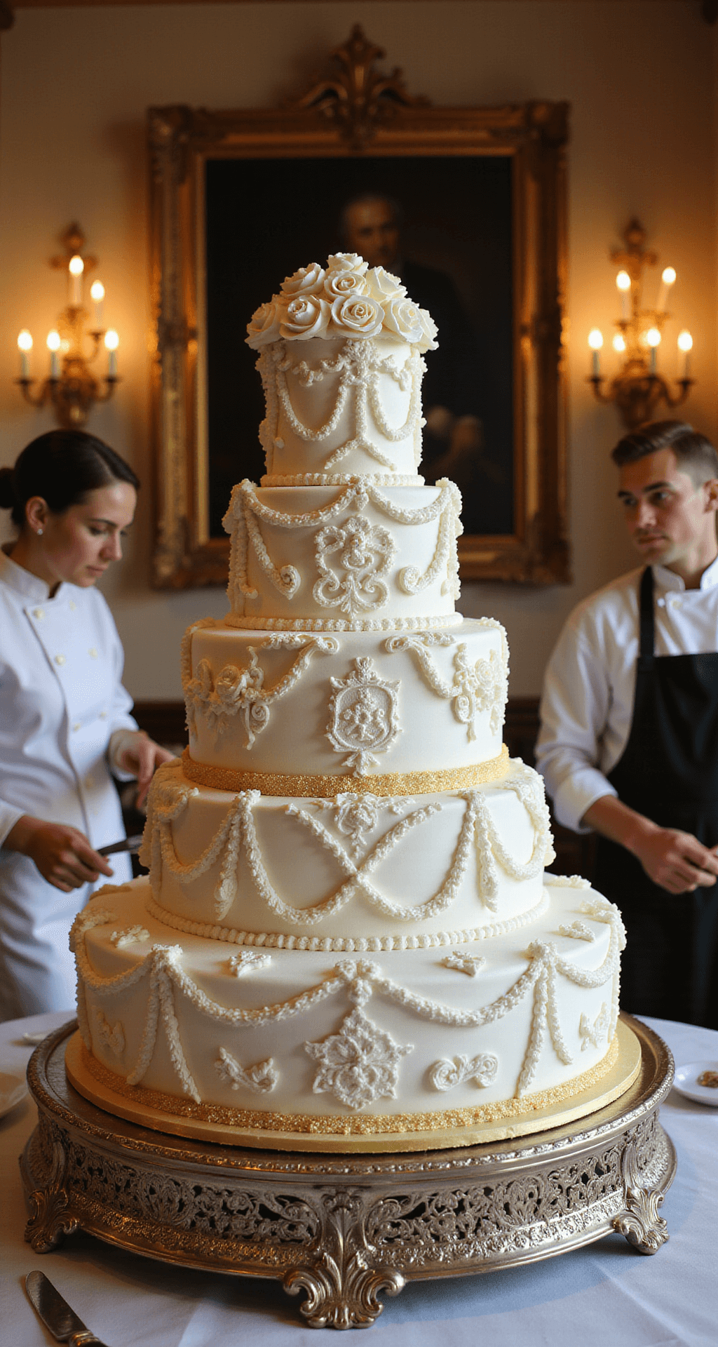 A grand kitchen at golden hour showcases a multi-tiered wedding cake on a silver stand, adorned with sugar flowers, royal icing, and gold leaf, as decorators in white uniforms add intricate details.