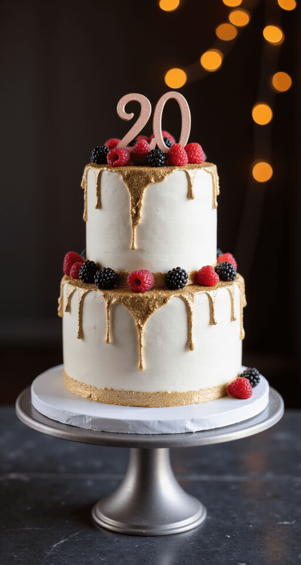 A two-tiered 20th birthday cake on a silver stand, adorned with white buttercream frosting, metallic gold accents, fresh berries, and a rose gold '20' topper, illuminated by soft lighting with a blurred warm bokeh background.