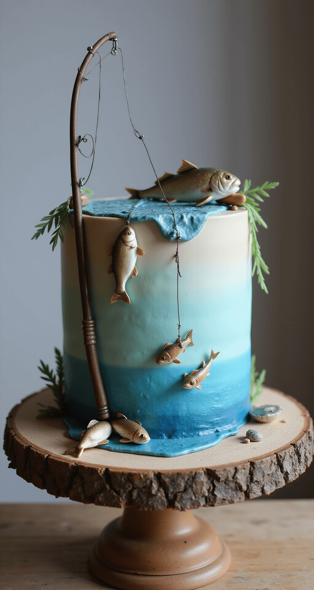 A beautifully crafted fishing-themed cake on a rustic wooden stand, featuring a fondant fishing rod, blue mirror glaze 'water', and jumping fondant fish, illuminated by soft directional lighting.
