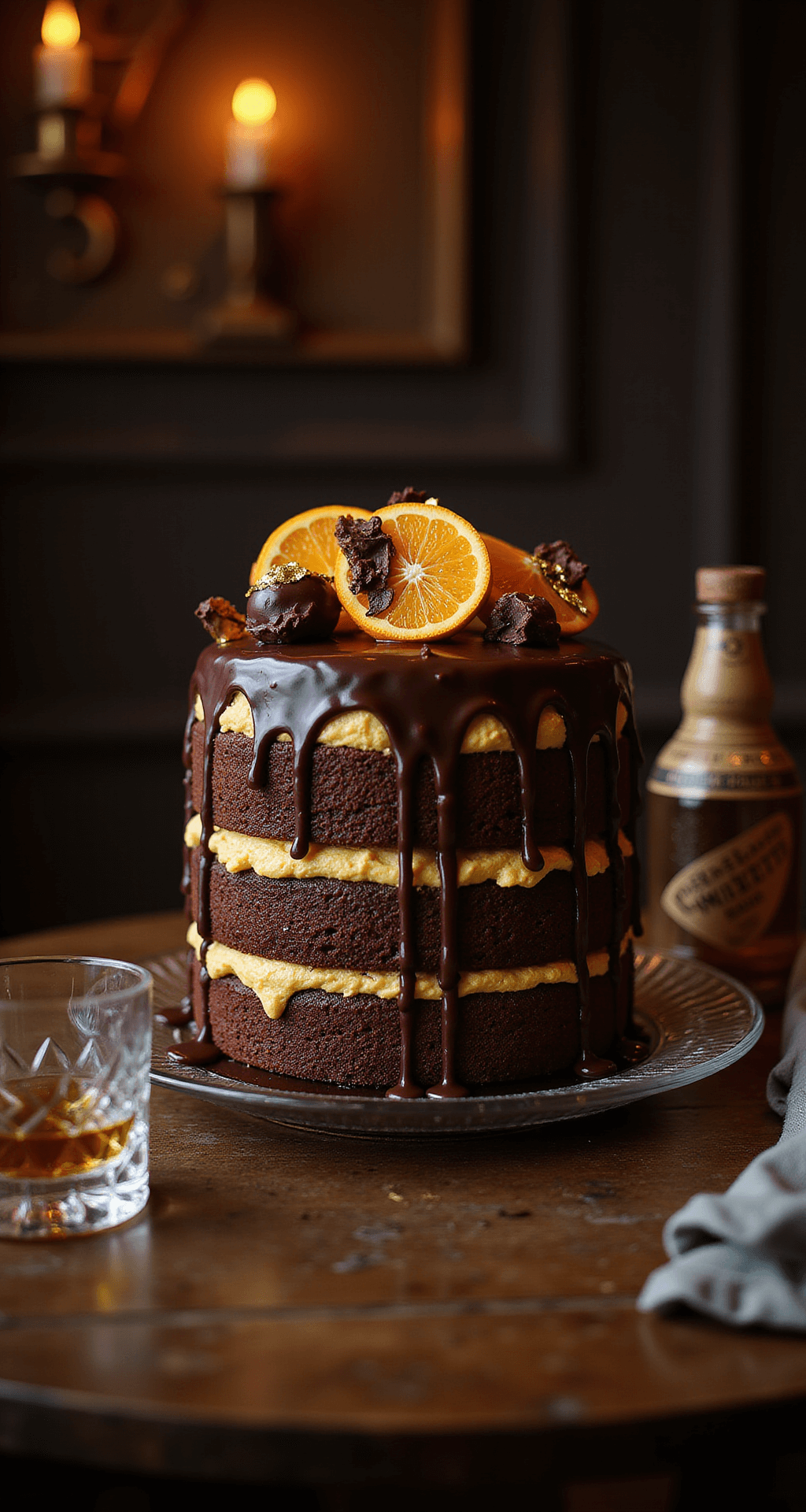 Close-up of a luxurious three-tiered chocolate cake with dark ganache and whiskey-infused buttercream in a dimly lit speakeasy, garnished with chocolate-dipped orange slices and edible gold leaf, beside a crystal whiskey glass and vintage bottle, all in warm amber lighting.