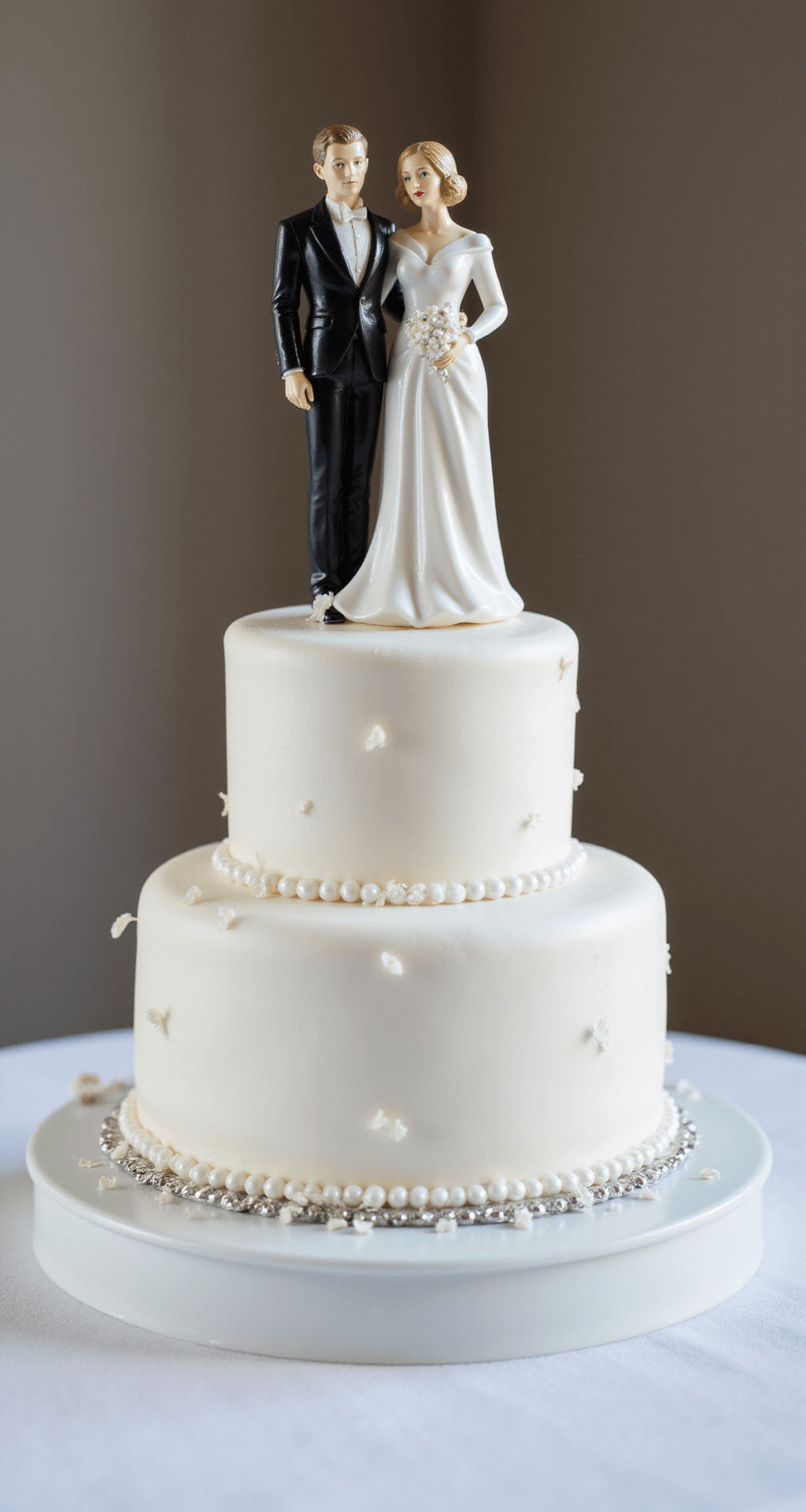 WEDDING CAKE TOPPER: THE ULTIMATE DECORATIVE CENTERPIECE Close-up of an elegant porcelain wedding cake topper featuring a classic bride and groom figurine atop a white fondant-covered cake, adorned with pearl decorations and silver accents in soft natural lighting.