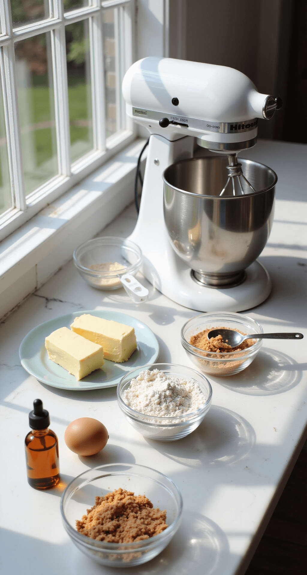 A sunlit kitchen counter with baking ingredients like eggs, butter, flour, and vanilla, alongside a gleaming stand mixer and measuring tools on a marble surface.