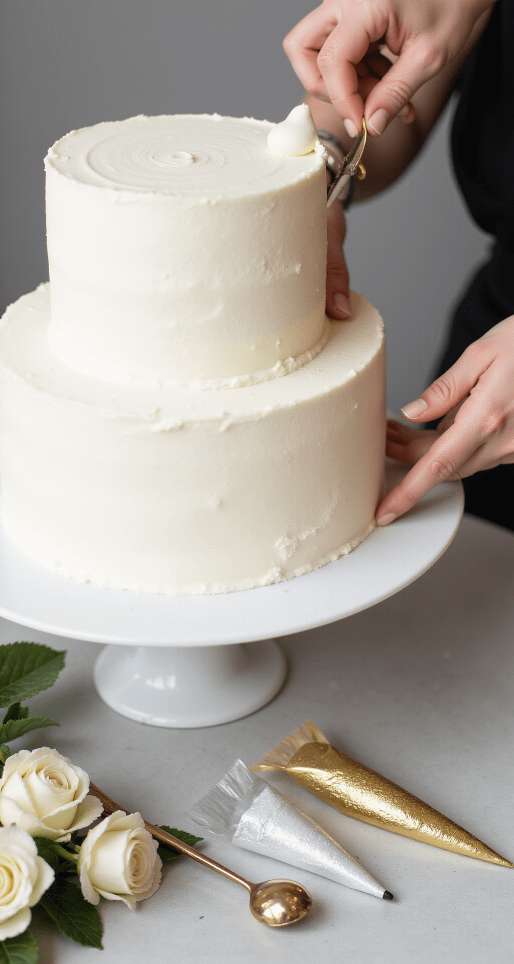 Close-up of hands decorating a two-tier wedding cake with smooth white buttercream, showcasing the decorated bottom tier and visible dowel supports, surrounded by piping bags, fresh flowers, and metallic accents under soft studio lighting.