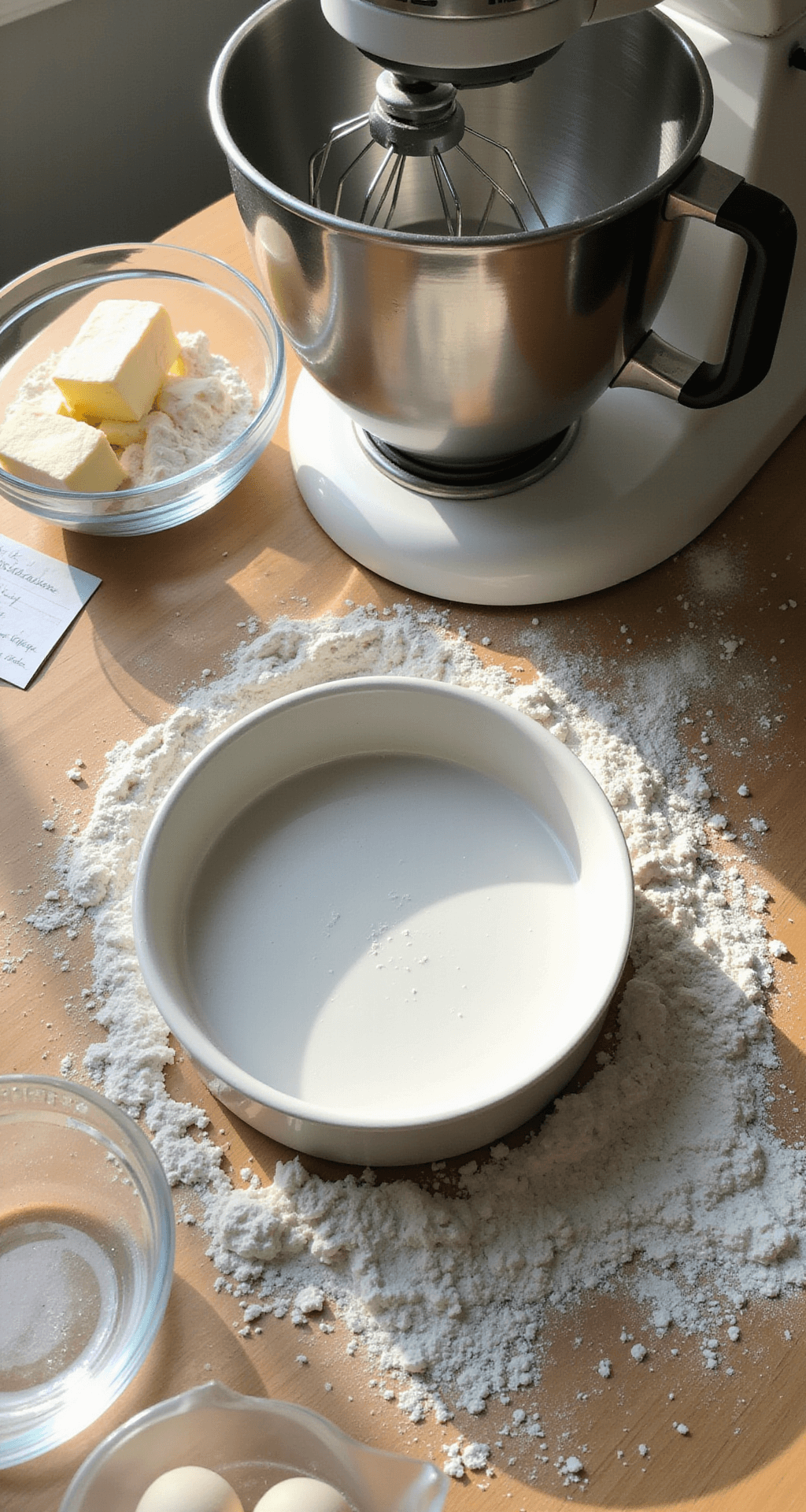 A sunlit kitchen scene featuring a baking prep station with measured ingredients in glass bowls, a central 8-inch round cake pan, sifted flour creating a dusty atmosphere, room-temperature butter and eggs, a gleaming stand mixer, and a handwritten recipe card in the corner.