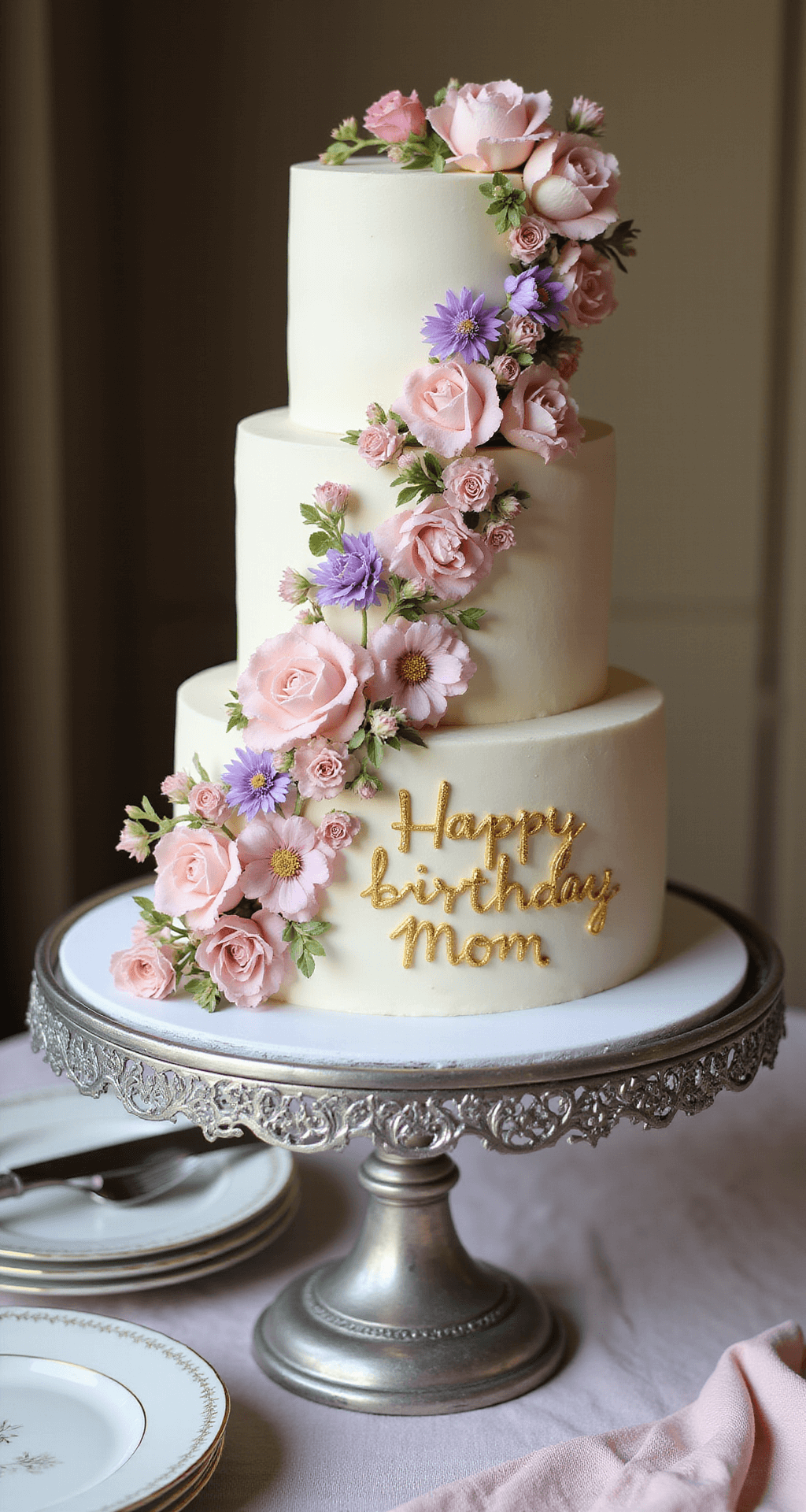 A three-tiered birthday cake with pearl-white buttercream frosting, adorned with pink and purple edible flowers, is displayed on a silver cake stand, featuring gold-lettered 'Happy Birthday Mom' text. The scene is illuminated by warm afternoon light, with a crystal cake server and fine china plates nearby.