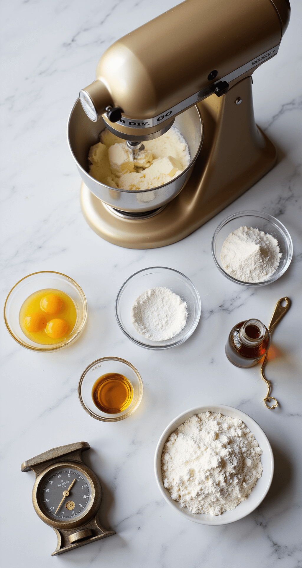 Cinematic overhead shot of a marble countertop featuring a gold stand mixer creaming butter and sugar, surrounded by glass bowls of eggs, flour, and vanilla extract, with vintage measuring tools.
