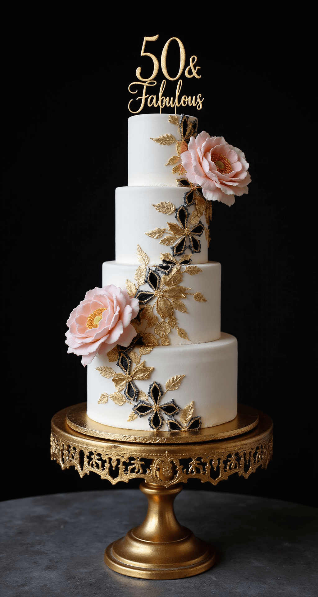 A stunning three-tiered 50th birthday cake on a gold stand, adorned with white buttercream, black and gold geometric patterns, handcrafted sugar flowers in metallic gold and blush pink, and a '50 & Fabulous' topper, all illuminated by dramatic studio lighting against a dark background.