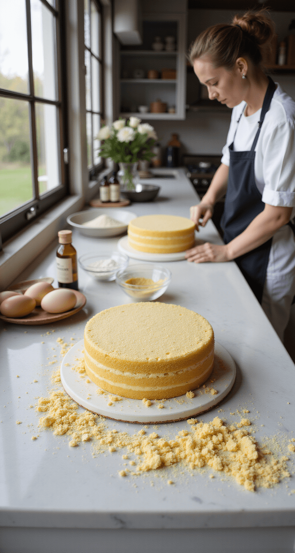 A skilled baker levels three golden cake layers in a sunlit bakery kitchen with marble countertops, surrounded by fresh ingredients like eggs, vanilla extract, and sifted flour in glass bowls.