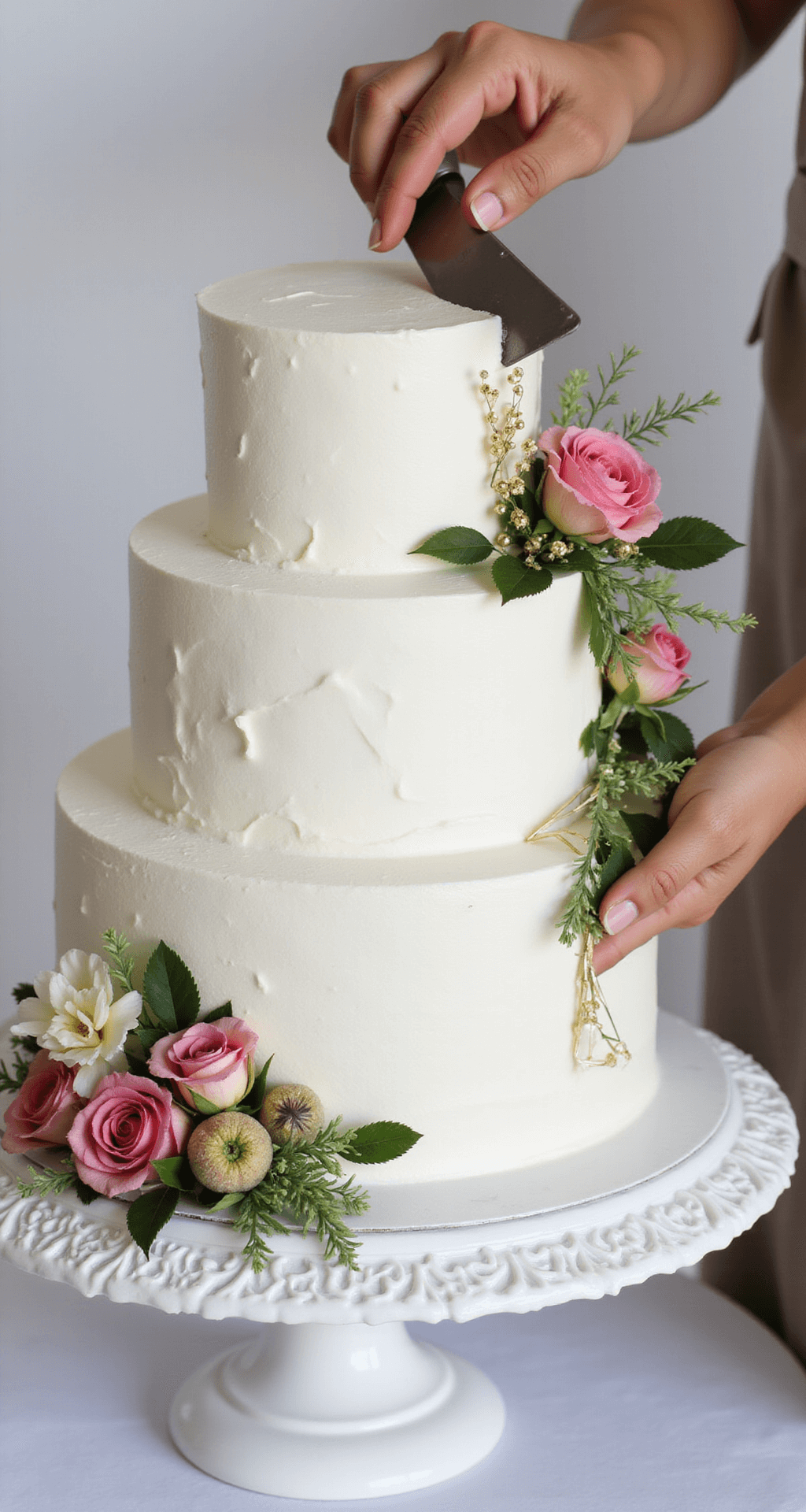An elegant three-tiered semi-naked wedding cake on an antique white stand, showing hints of vanilla cake under white buttercream, adorned with fresh garden roses and wild berries, accented with minimal gold geometric designs in soft morning light.