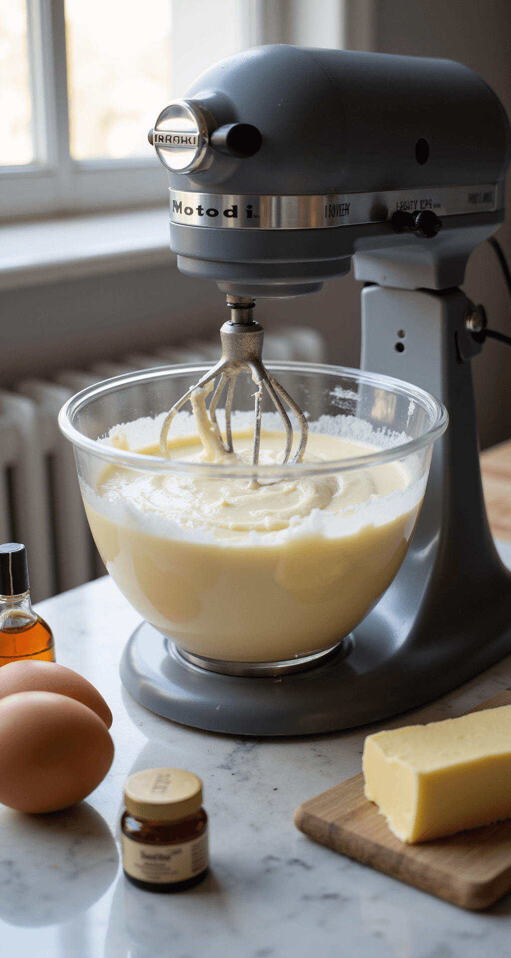 Close-up of a stand mixer creaming butter and sugar in a professional kitchen, with soft natural light illuminating the pale yellow mixture and surrounding ingredients like eggs and vanilla on a marble countertop.