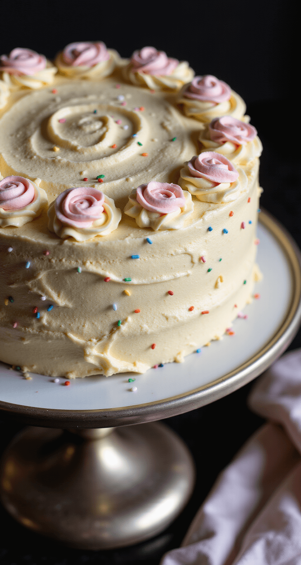 Professional overhead shot of a two-layer birthday cake on a silver stand, adorned with pastel buttercream swirls, piped rosettes, and sparkling rainbow sprinkles, all set in warm ambient lighting.