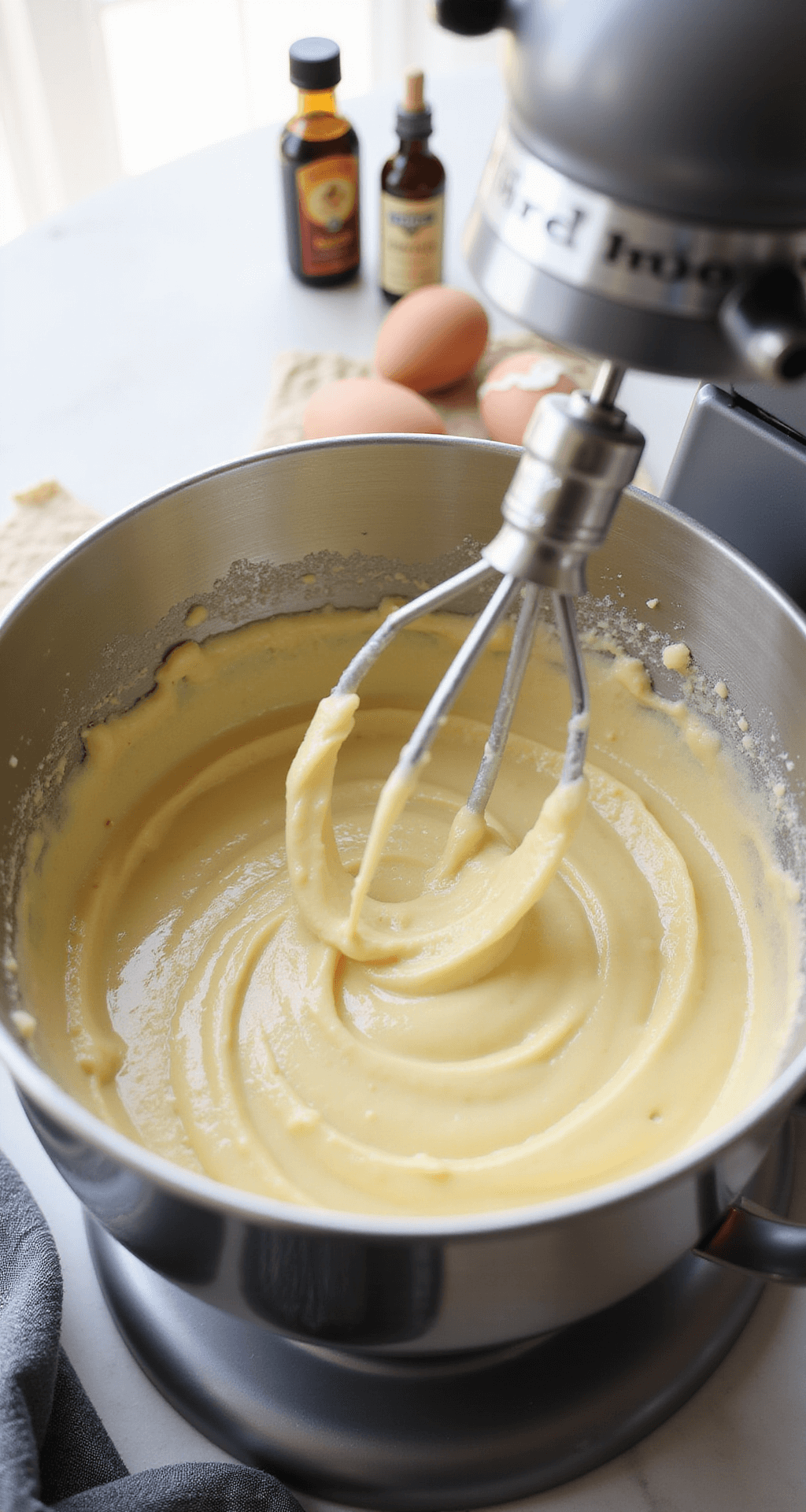 Close-up of luxurious cake batter being mixed in a gleaming stand mixer bowl, illuminated by soft natural light, with a whisk creating ribbons in the creamy mixture and scattered ingredients like vanilla extract bottles and farm-fresh eggs in the background.