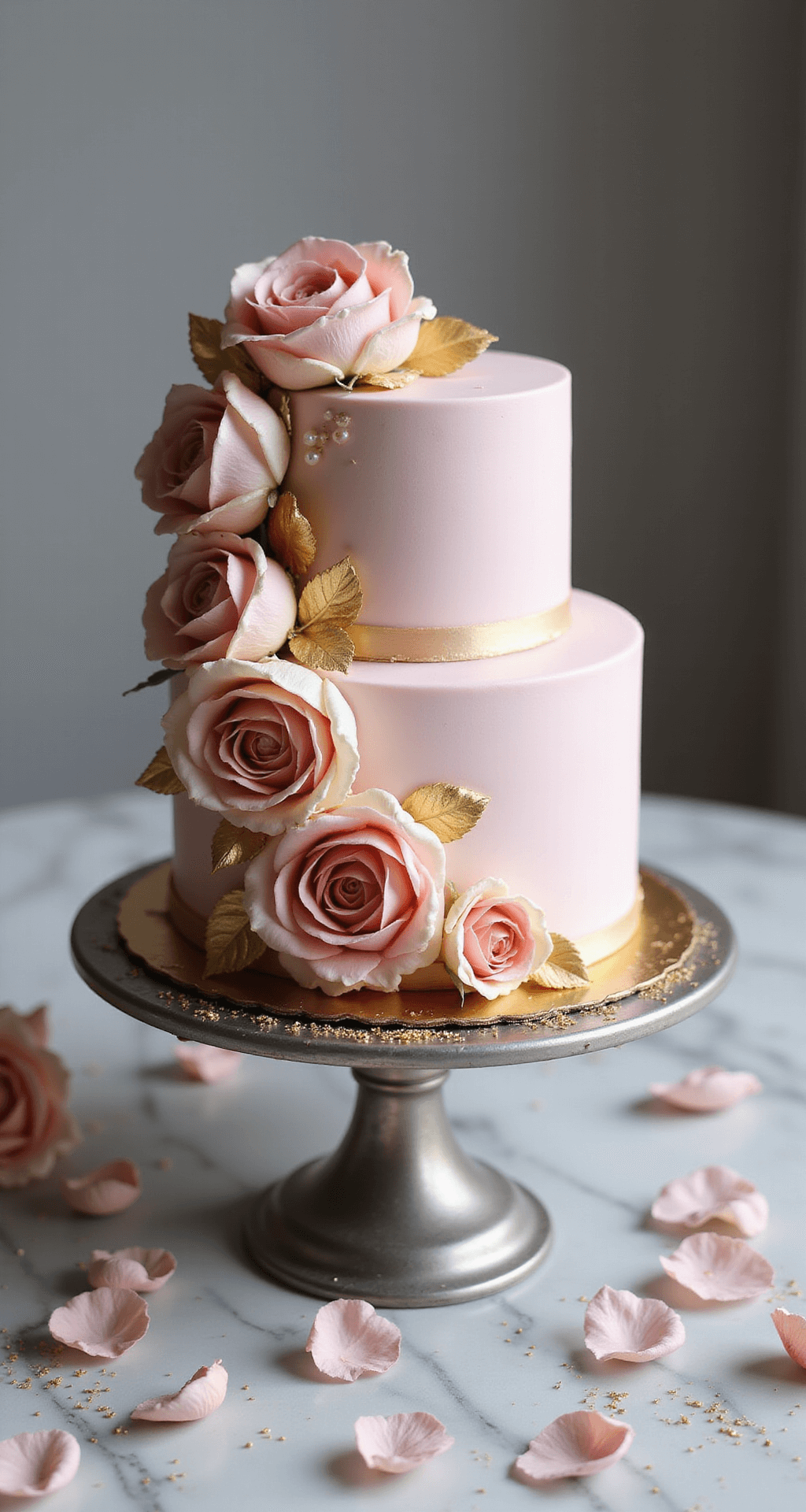 A beautifully decorated two-tier birthday cake with pastel pink buttercream, fresh garden roses, piped pearls, and gold leaf accents, displayed on a vintage silver cake stand with rose petals and gold sprinkles on a marble surface.
