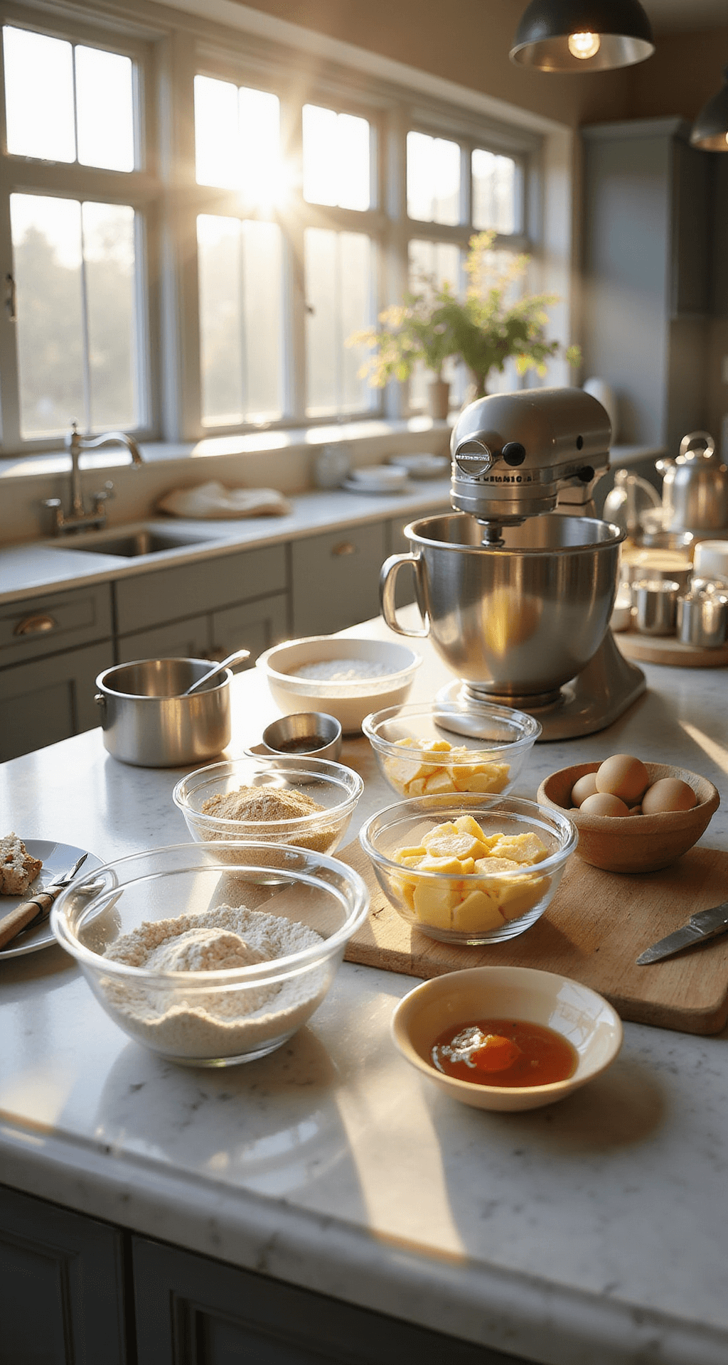 A professional kitchen filled with warm natural light showcases a pristine marble countertop with meticulously arranged ingredients in glass bowls, including flour, butter, and eggs, alongside a KitchenAid mixer and lined cake pans, creating a serene and organized mise en place for wedding cake preparation.