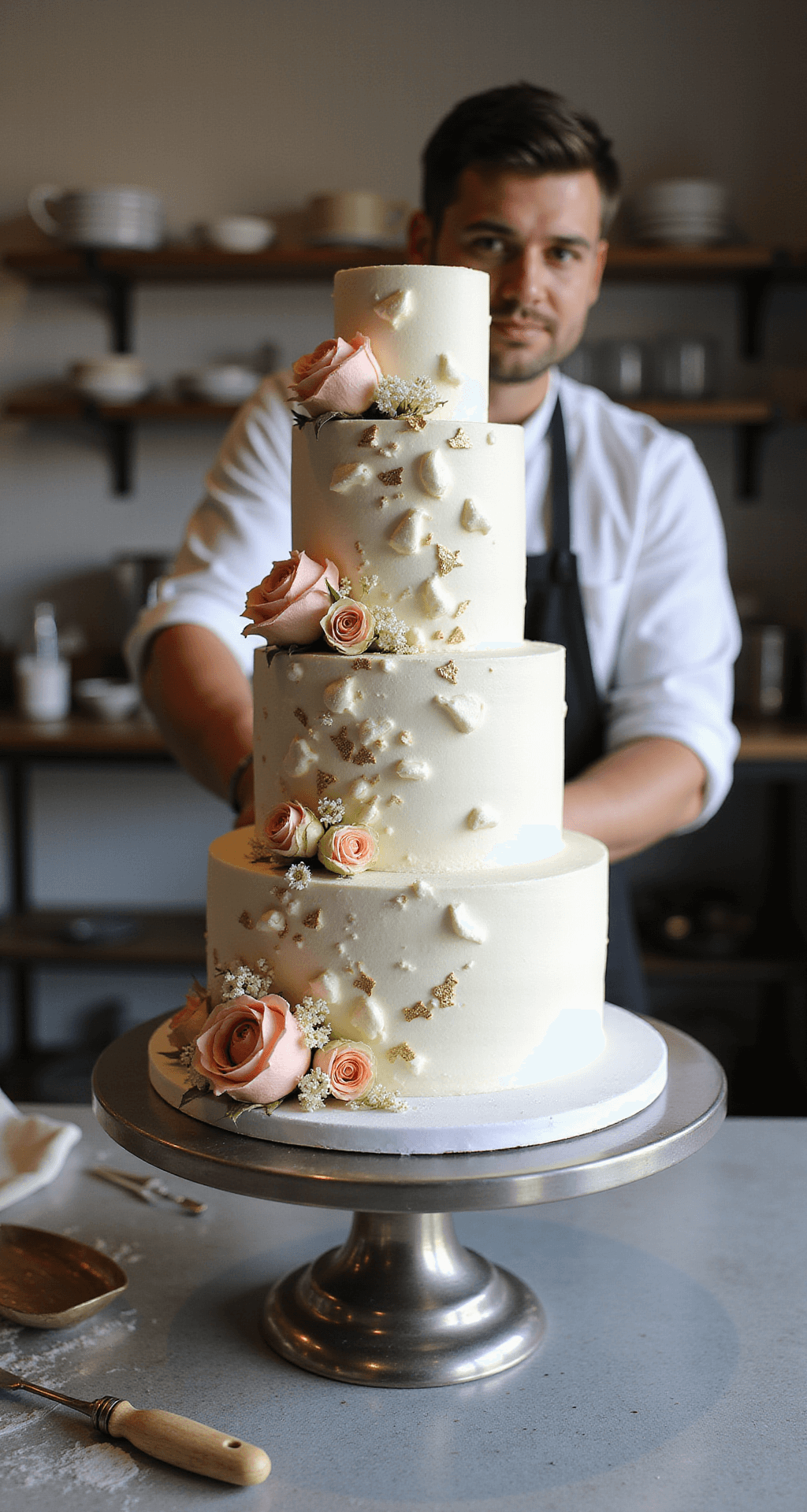 A master baker decorates an elegant 4-tier wedding cake with pearl white buttercream, gold leaf accents, and blush garden roses in a well-lit pastry kitchen.