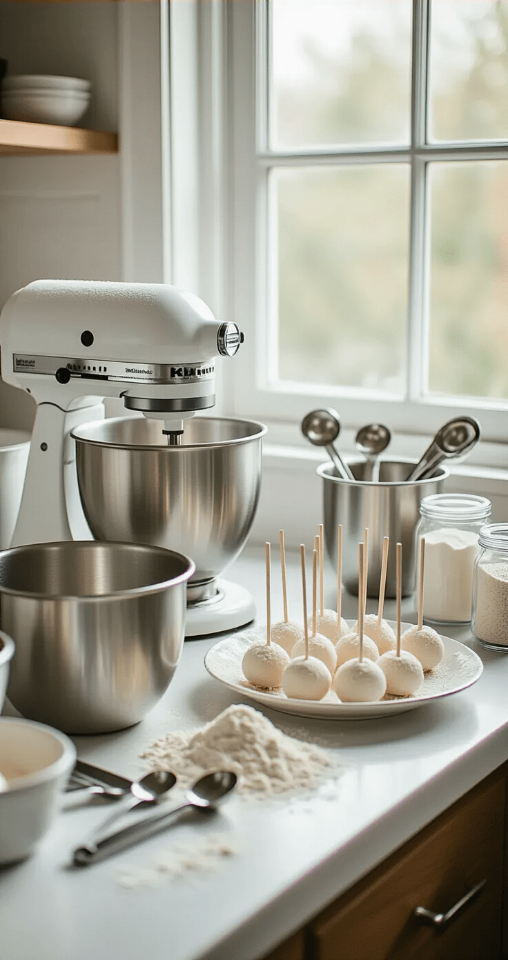 Close-up of a pristine white kitchen countertop featuring a professional cake pop preparation setup, including a stand mixer, metal mixing bowls, and neatly arranged measured ingredients in glass containers, illuminated by soft natural light.