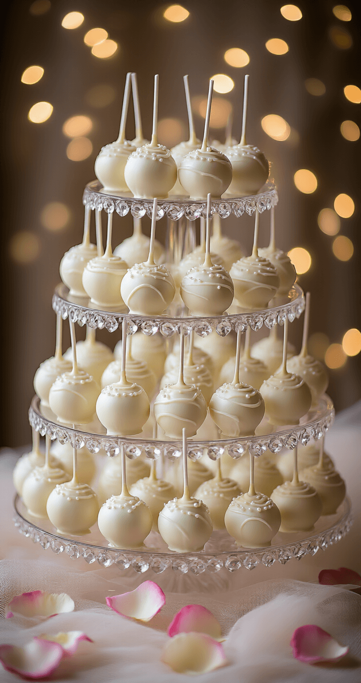 Dramatic overhead view of a luxurious tiered crystal display stand filled with elegant wedding cake pops, featuring white chocolate coating and pearl shimmer, arranged in a spiral pattern, complemented by soft bokeh fairy lights, rose gold and white color scheme, scattered rose petals, and tulle fabric.