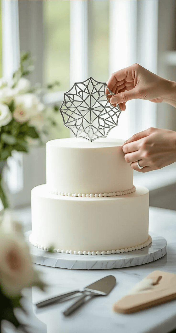 Close-up of hands placing a silver geometric cake topper on a white three-tiered wedding cake, with soft natural lighting, precision tools on a marble countertop, and a blurred luxurious bakery background.
