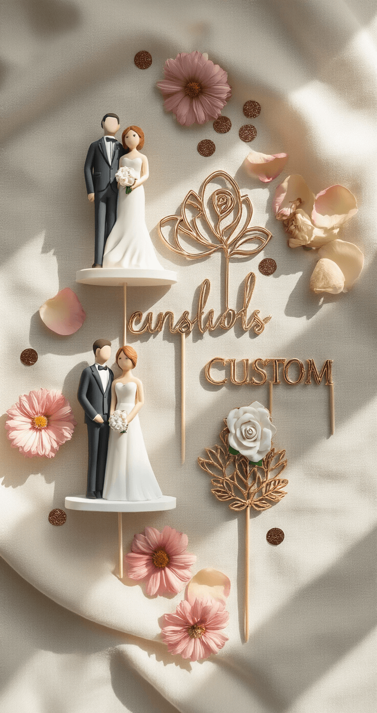 Artistic flat-lay of diverse wedding cake toppers on ivory linen, including a 3D-printed couple, laser-cut rose gold monograms, and a whimsical illustration, with dramatic side lighting, fresh flower petals, and metallic confetti.