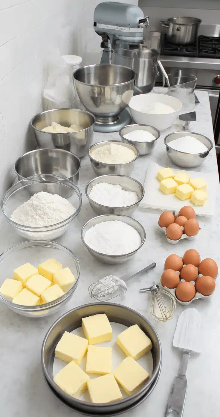 A bright professional kitchen features organized ingredients for a wedding cake, including bowls of sifted flour and measured sugar, room-temperature eggs and butter on a marble countertop, stainless steel mixing bowls, a stand mixer, and neatly arranged cake pans with parchment paper and an offset spatula.